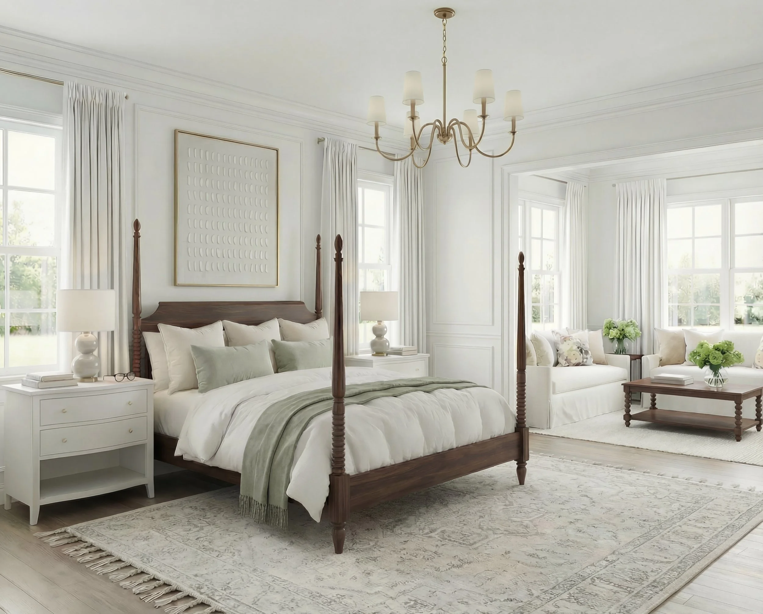 Classic White Bedroom with Dark Wood Four Poster Bed &amp; Sitting Area | Shop the Look