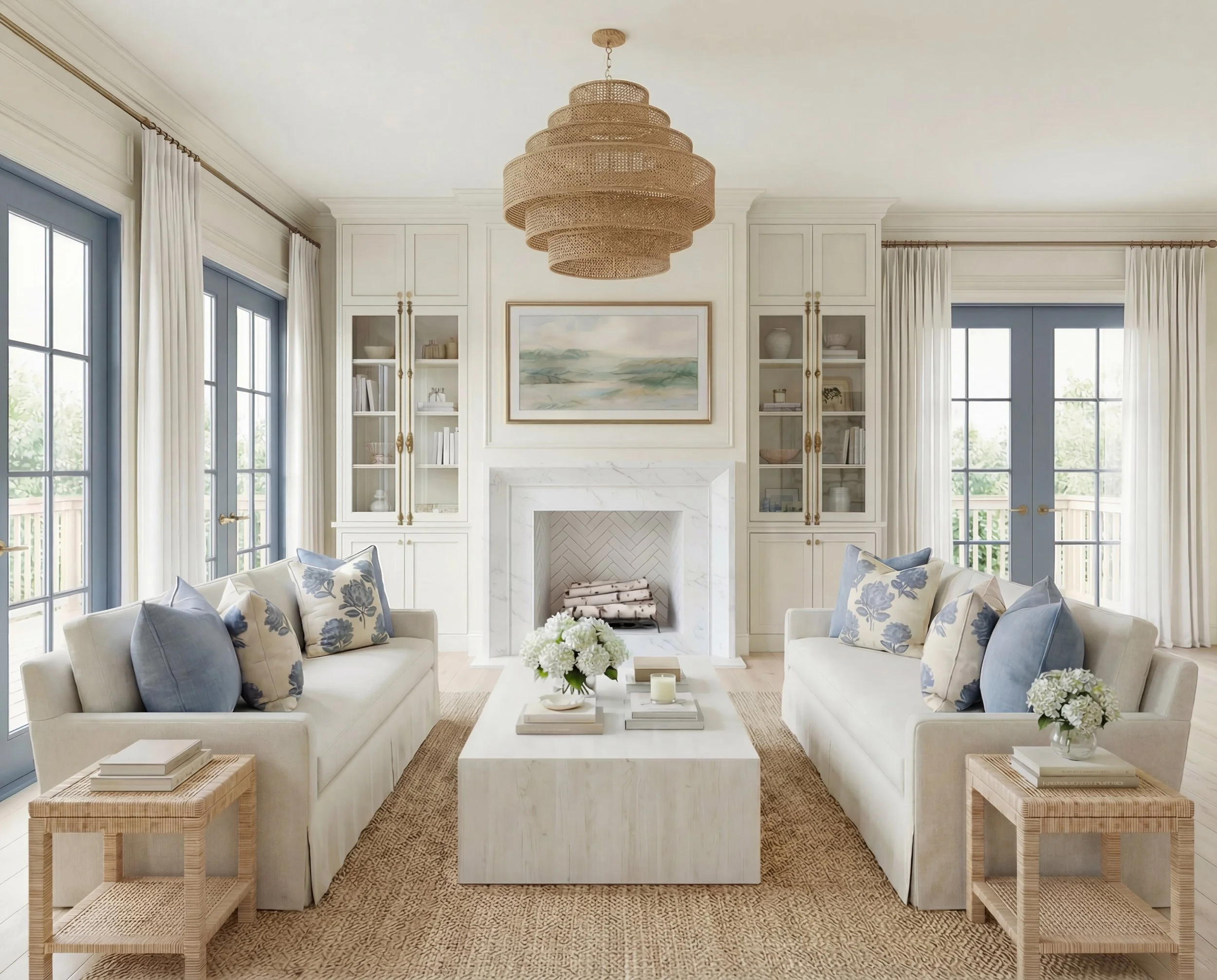 Classic Coastal Living Room with Blue French Doors | Shop the Look