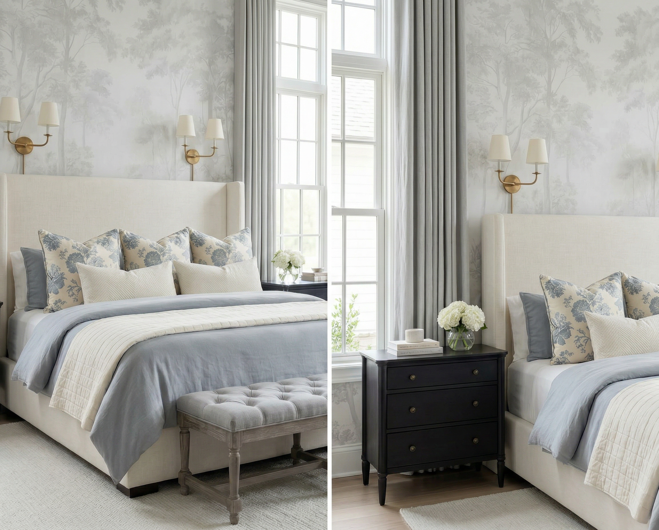 Elegant Grey &amp; White Mural Bedroom with Dark Wood Furniture | Shop the Look