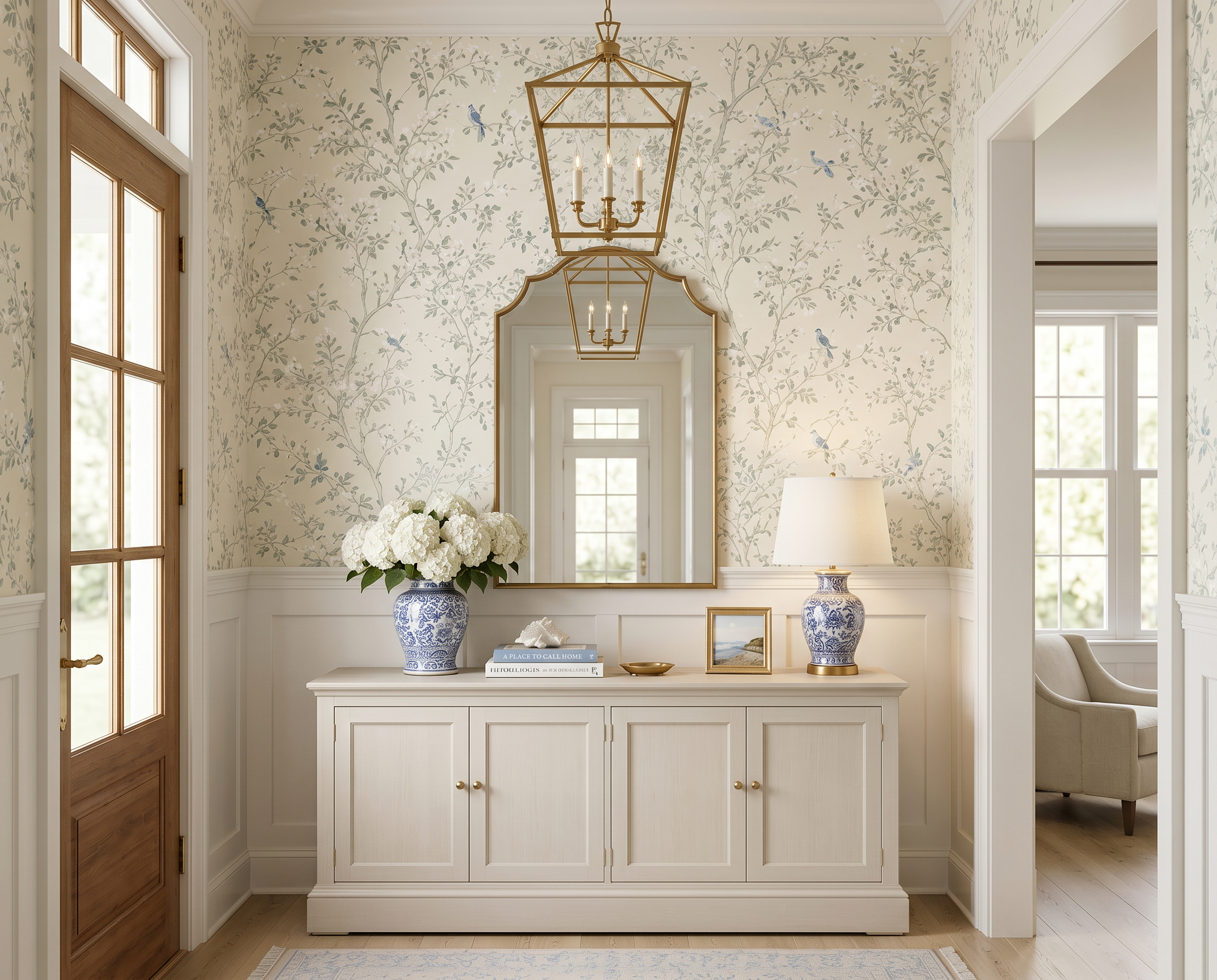 Classic Blue &amp; White Entryway with Botanical Wallpaper and Timeless Southern Style