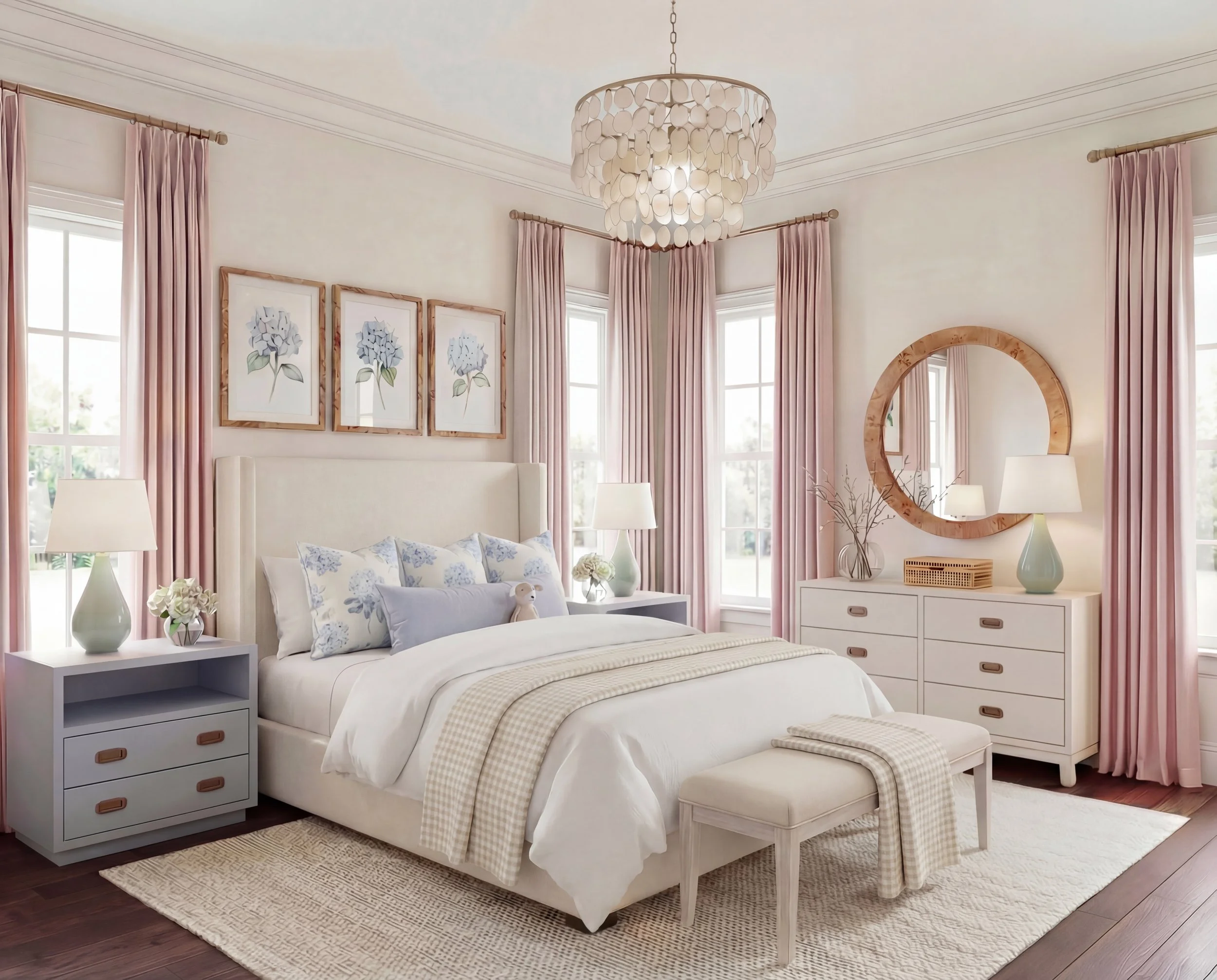 Blush Pink Bedroom with Soft Blue Accents | Shop the Look