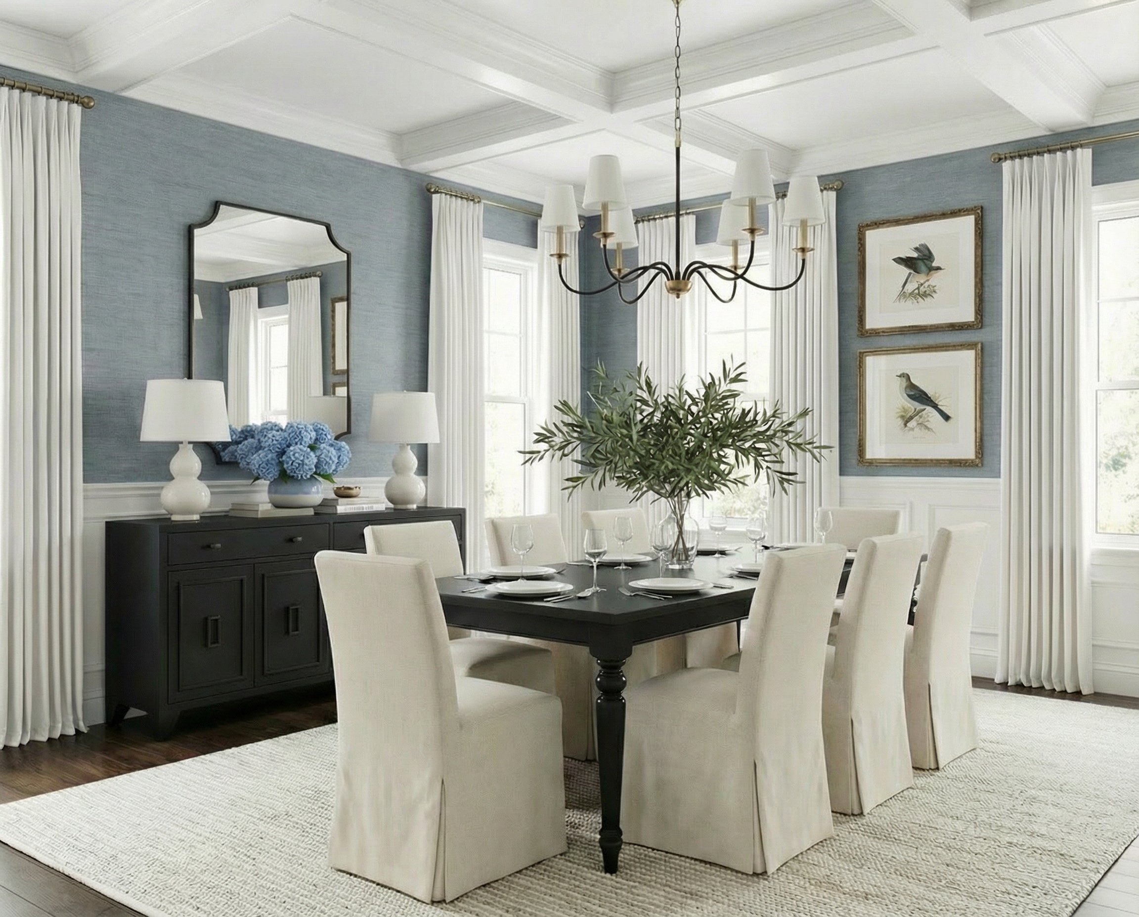 Classic Blue Dining Room with Grasscloth Wallpaper | Shop the Look