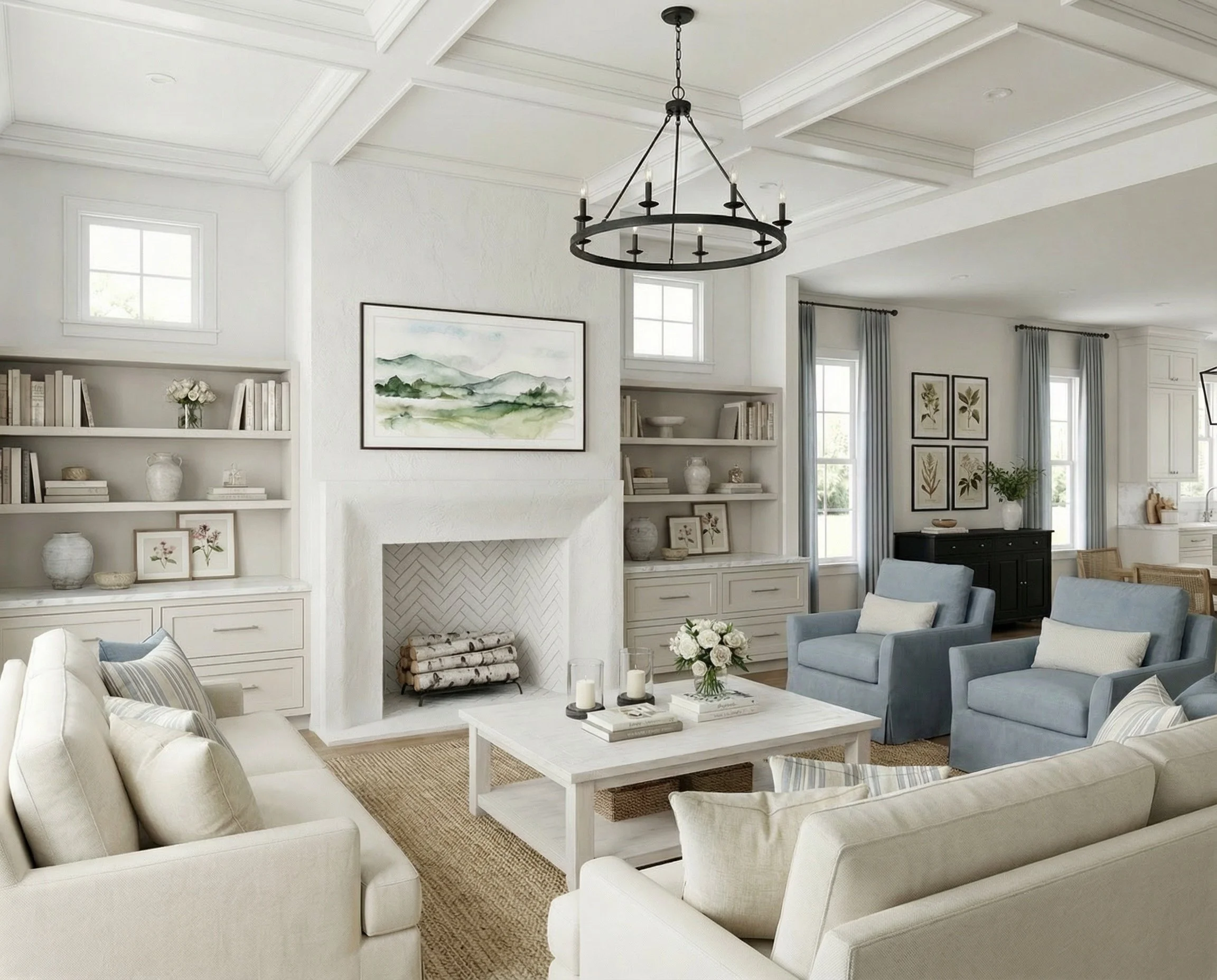 Soft Blue Coastal Living Room with Coffered Ceiling | Shop the Look