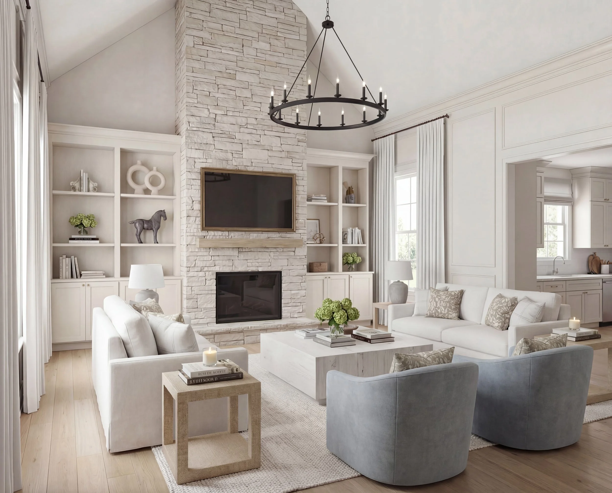 Light &amp; Linen Living Room with Stone Fireplace | Shop the Look