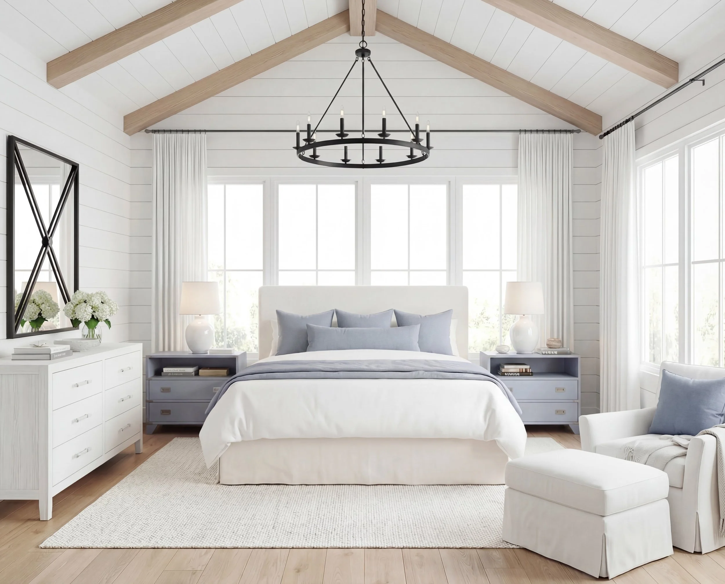 Vaulted Coastal Bedroom with White Shiplap &amp; Blue Accents | Shop the Look