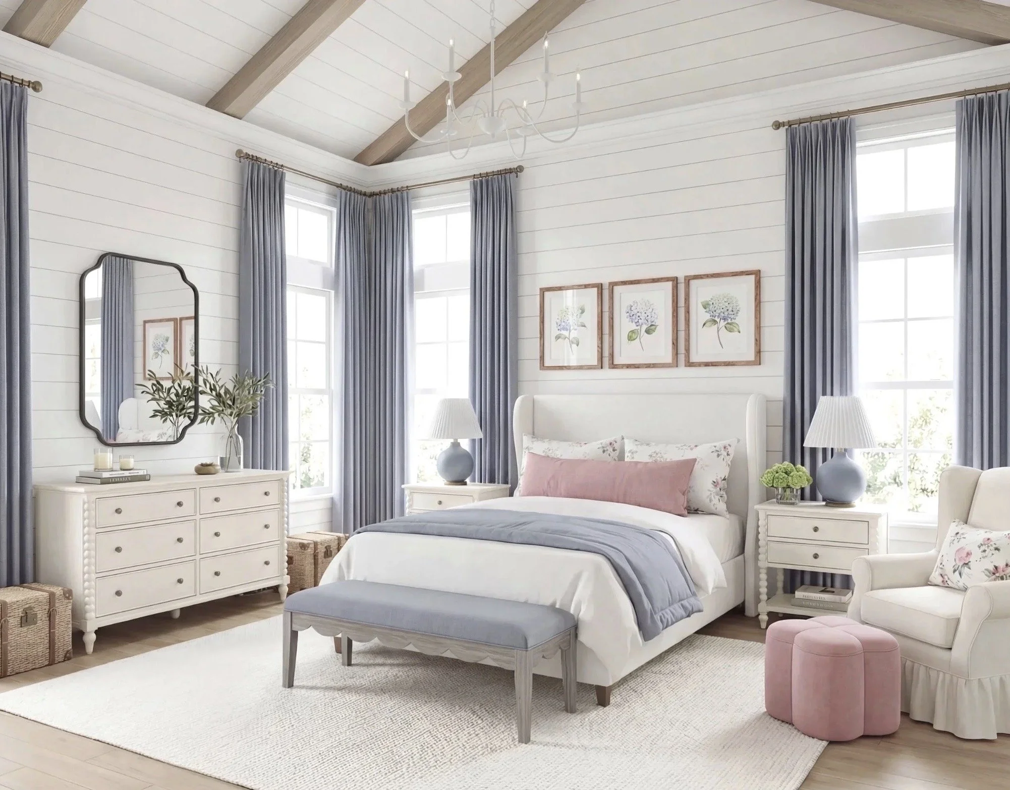 Blush and Blue Bedroom with Wood Beams