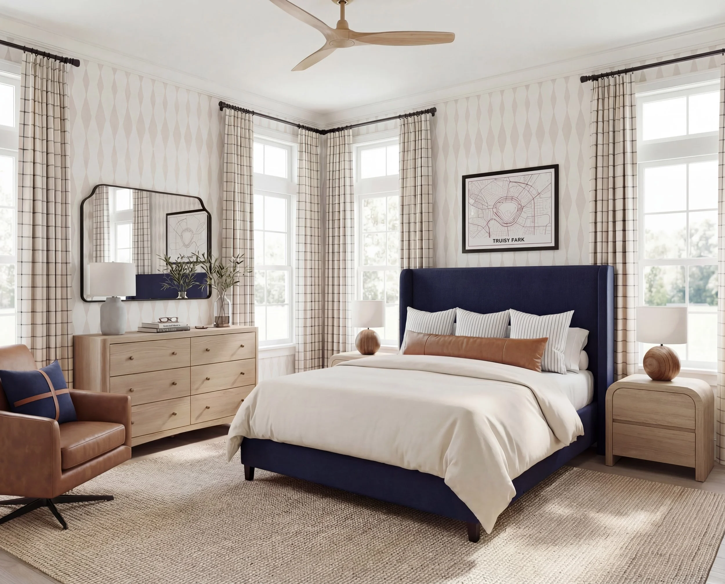 Classic Navy &amp; Neutral Bedroom with Light Oak Furnishings 