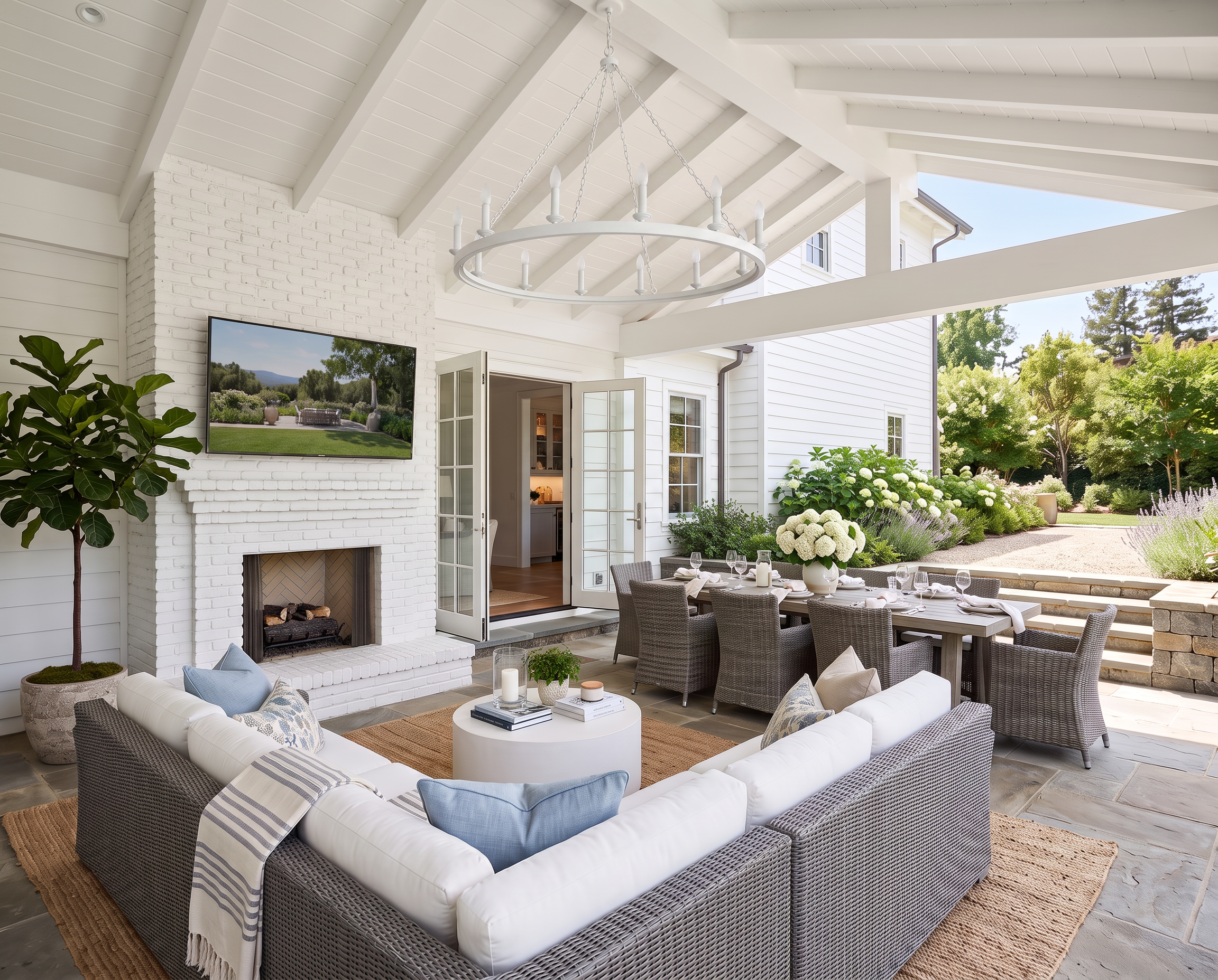 Classic Covered Patio with Outdoor Fireplace &amp; Dining Space