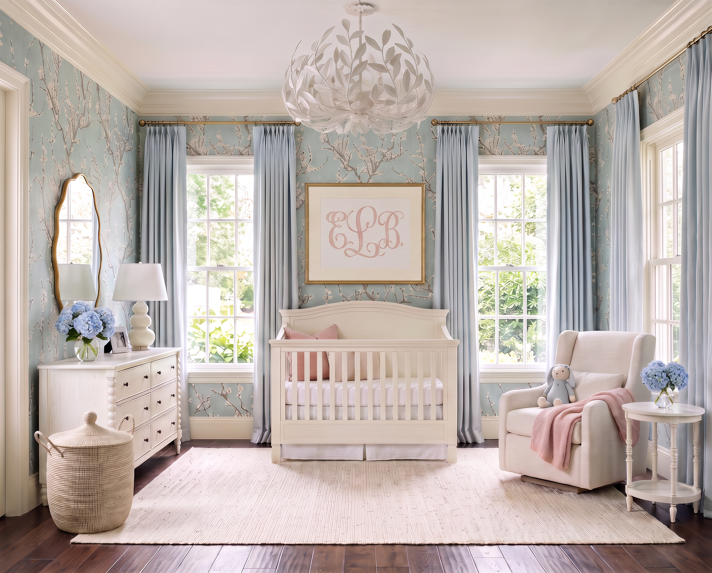 Blue and Blush Nursery with Cherry Blossom Wallpaper
