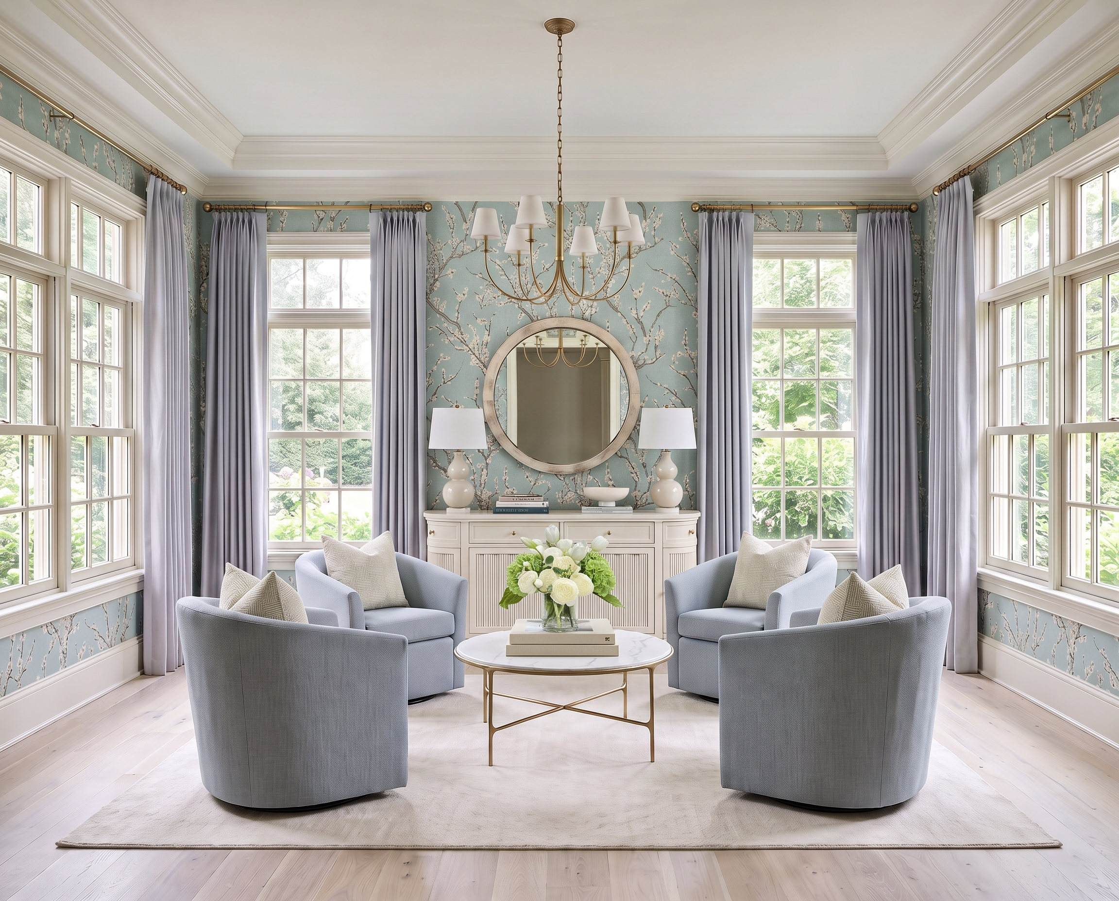 Blue Sitting Room with Cherry Blossom Wallpaper