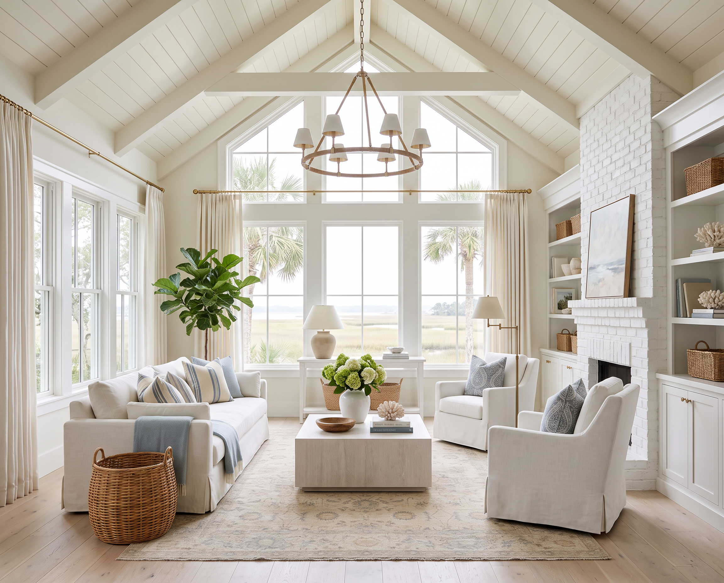 Coastal Living Room with Vaulted Ceilings