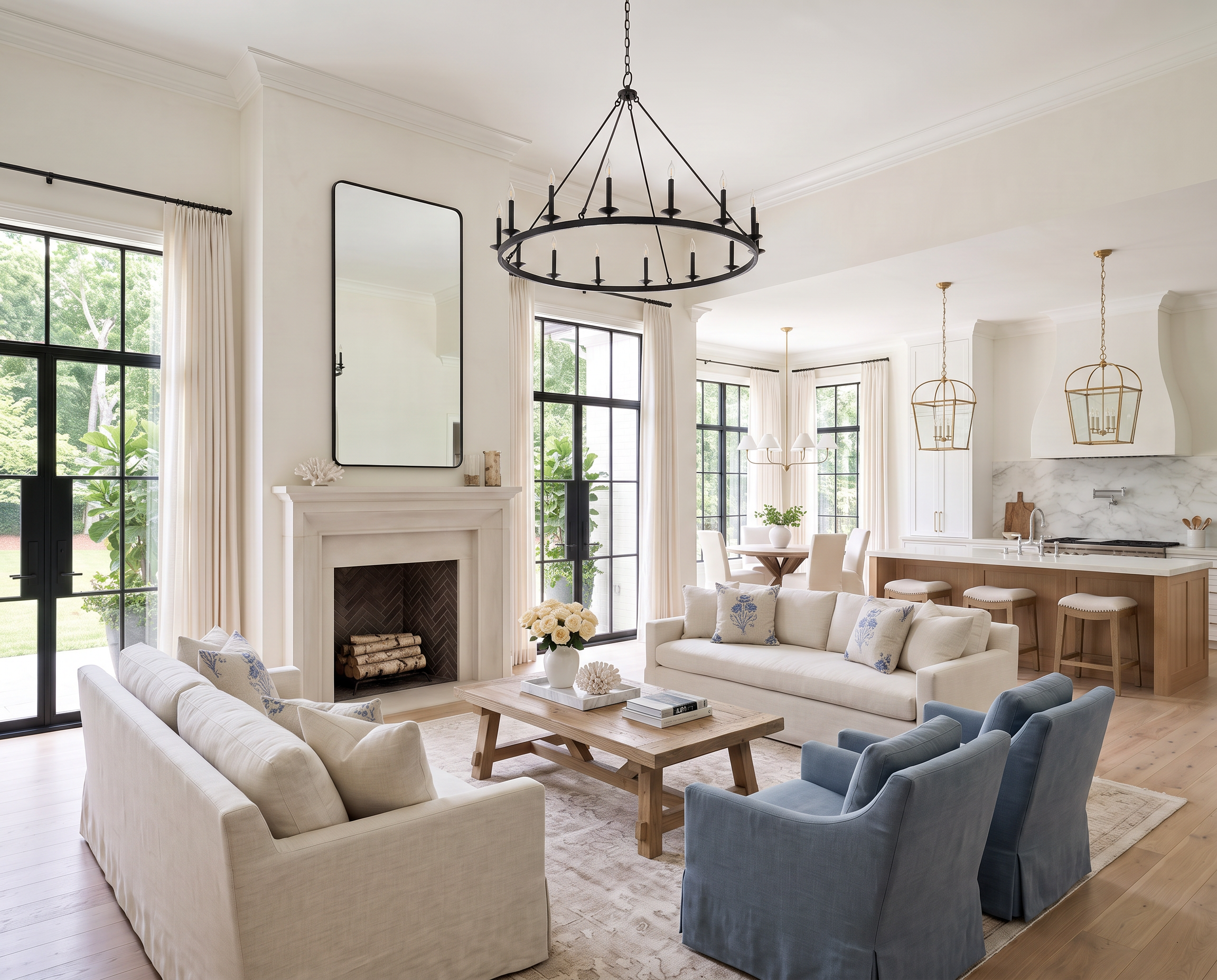 Open-Concept Living Room and Kitchen with White Oak