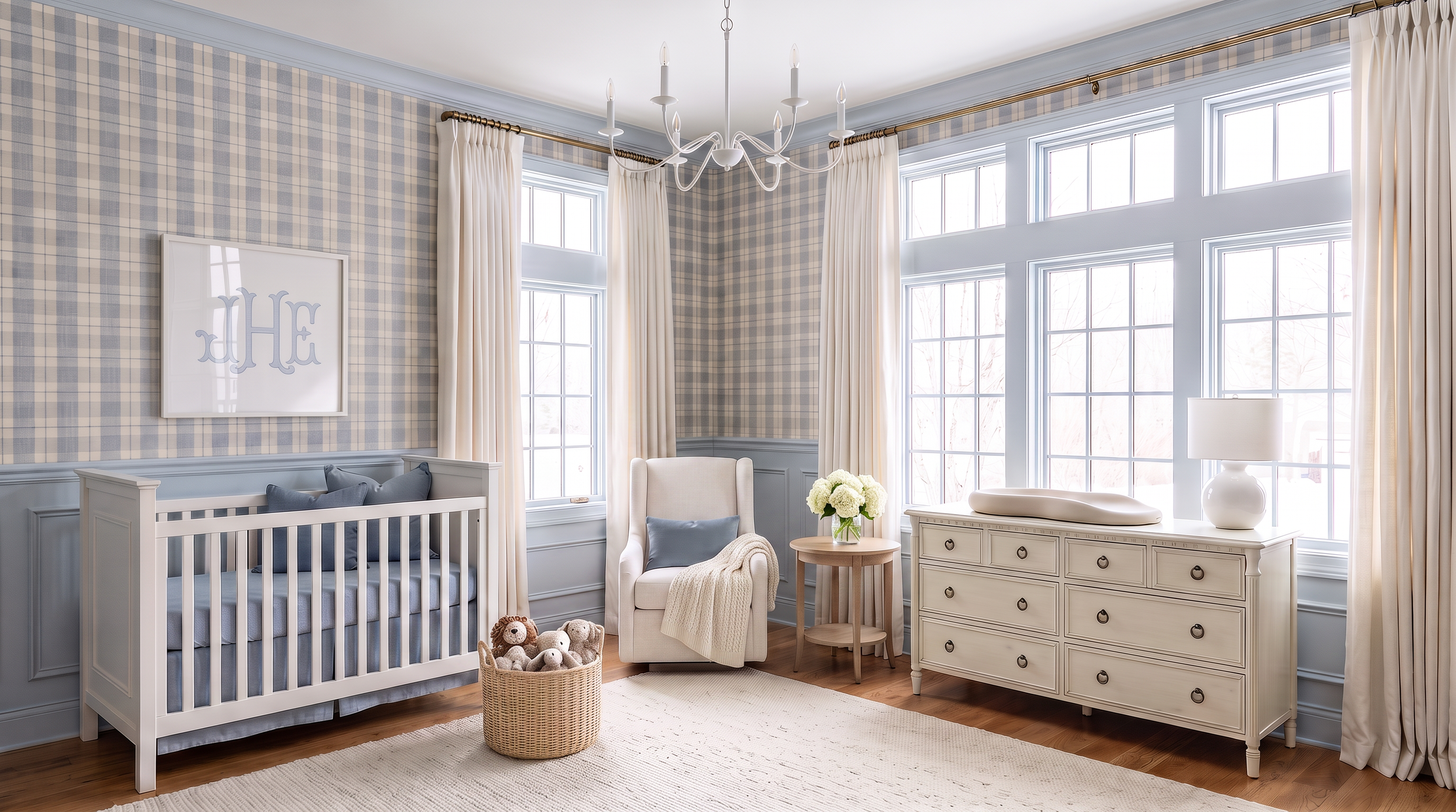 Blue Plaid Nursery with Painted Paneling