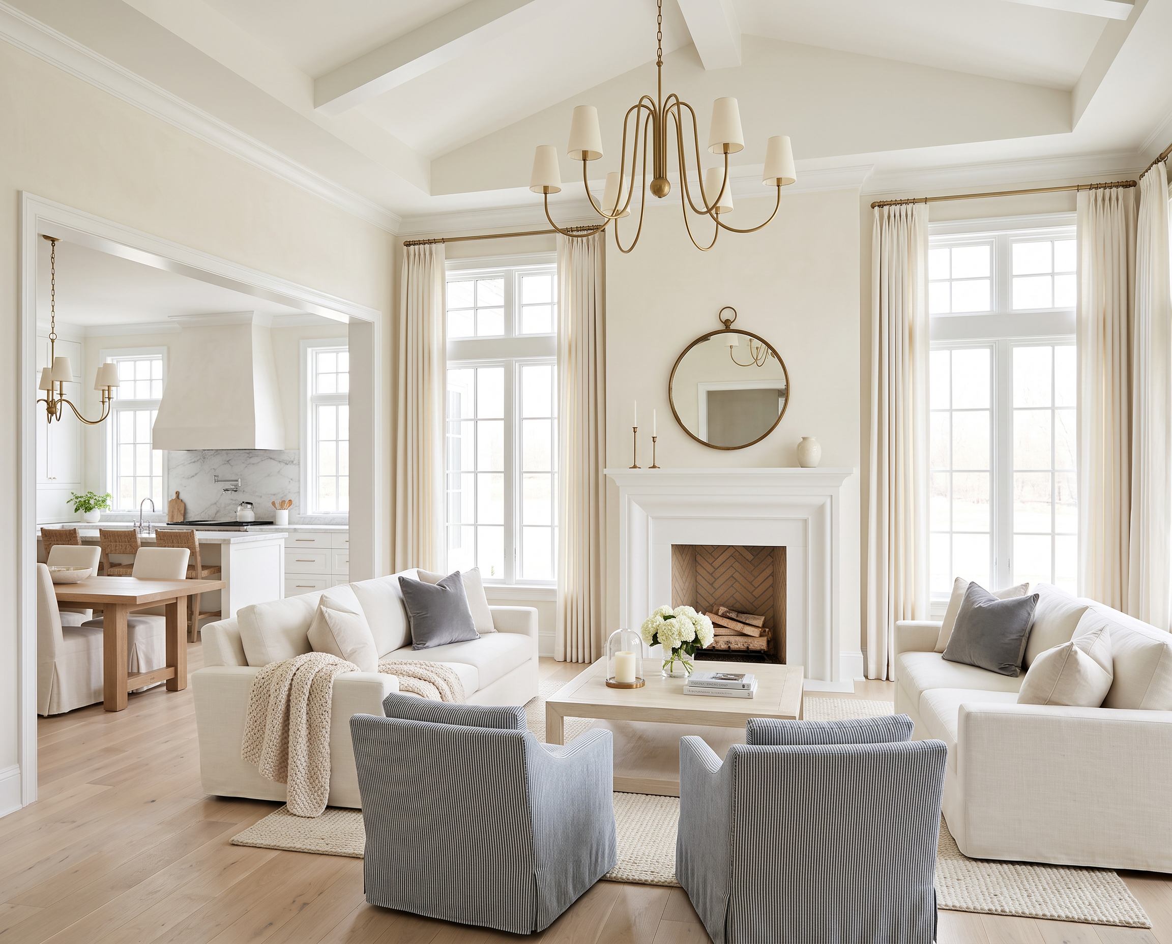 Vaulted Living Room with Brass, Beams &amp; White Oak