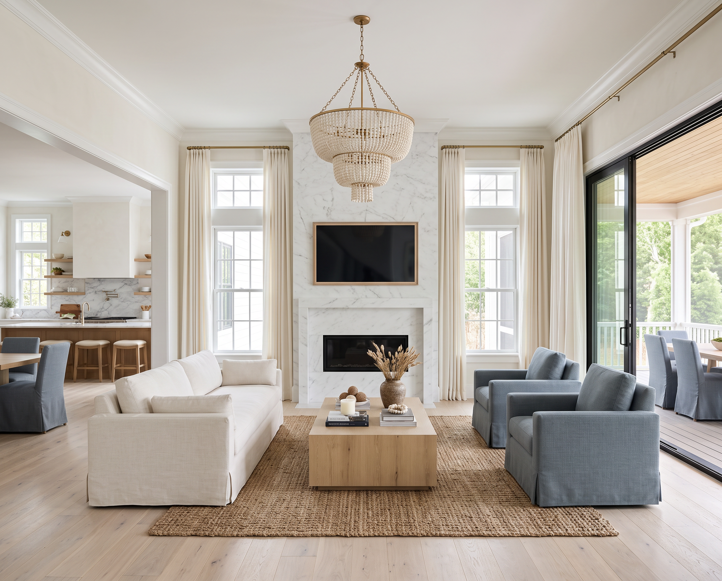 Classic Coastal Living Room with Marble Fireplace
