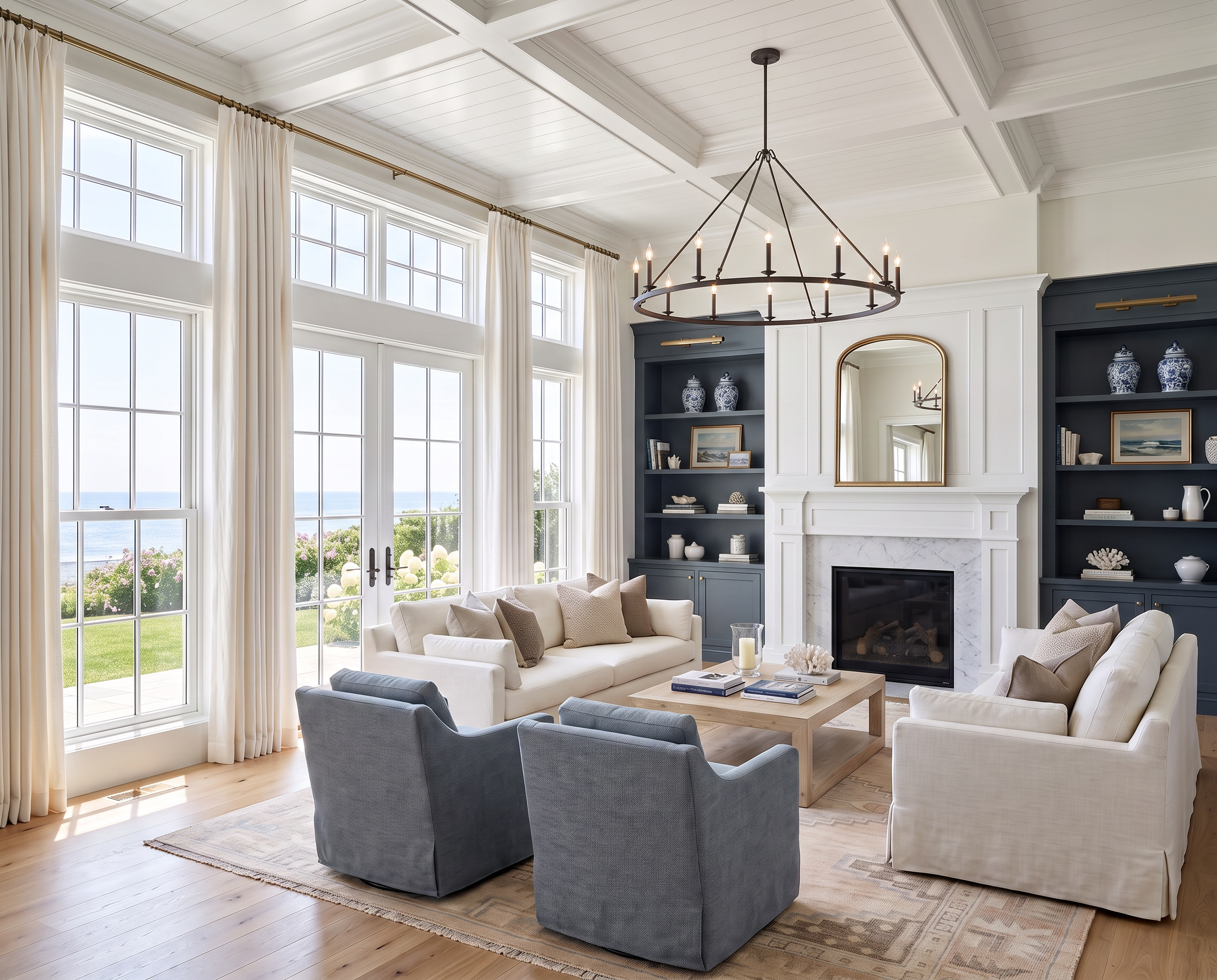 Coastal Living Room with Deep Blue Built-Ins