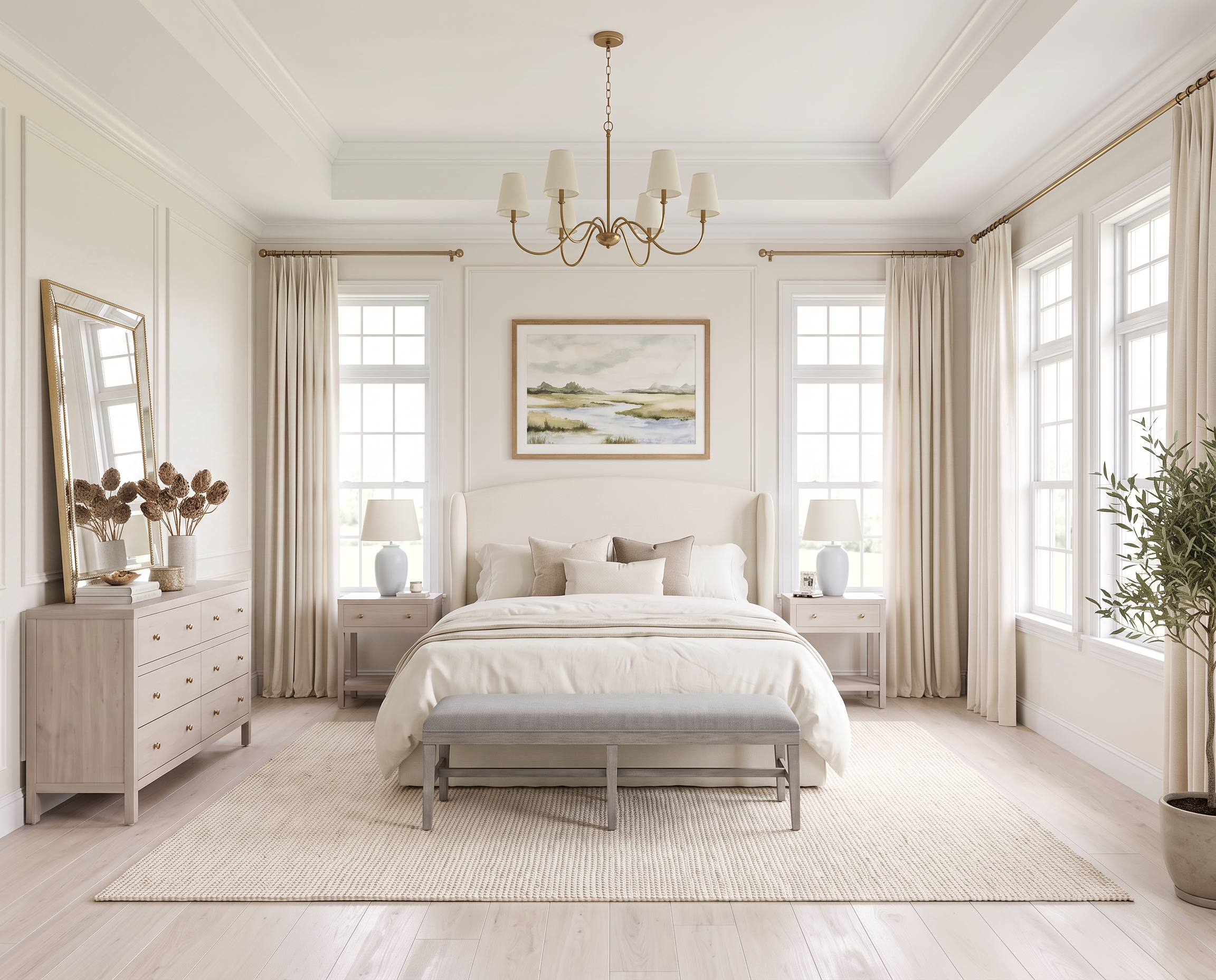 Calm Neutral Bedroom with an Oversized Mirror