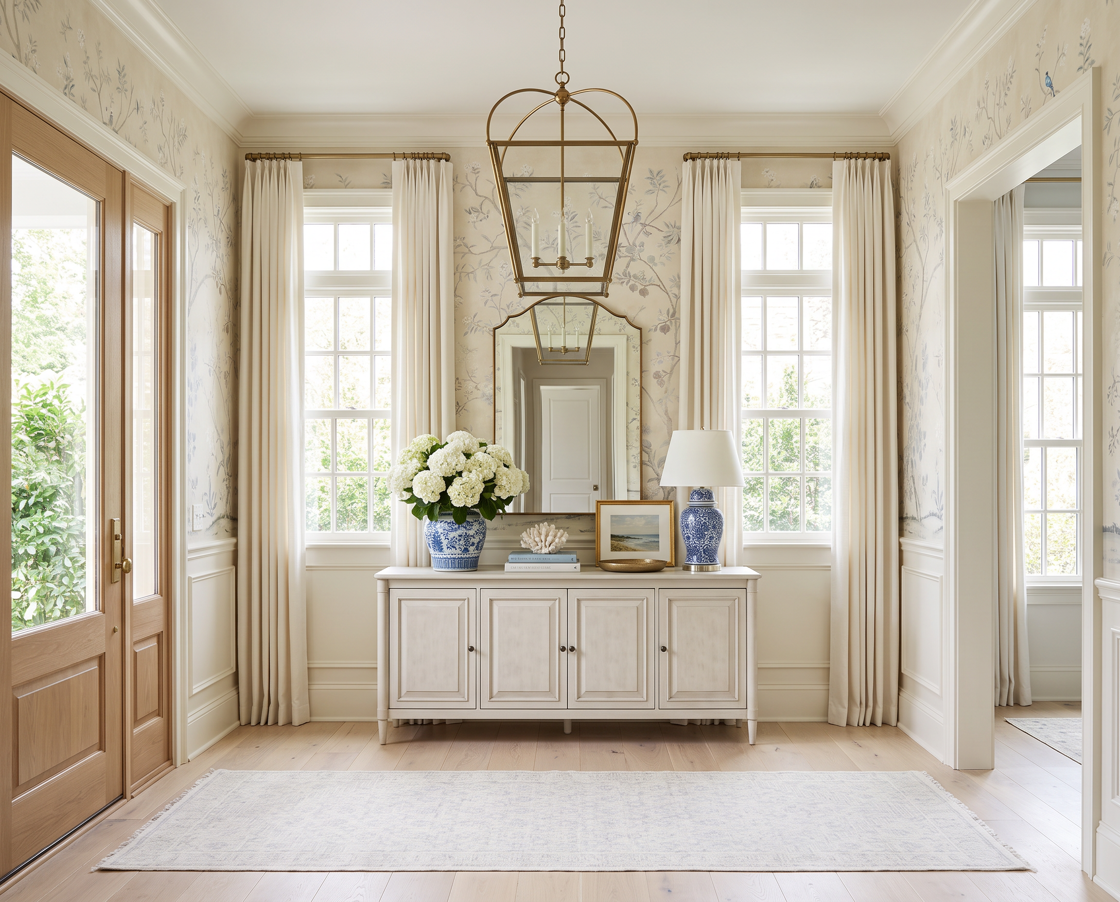 Blue and White Entryway with Botanical Wallpaper