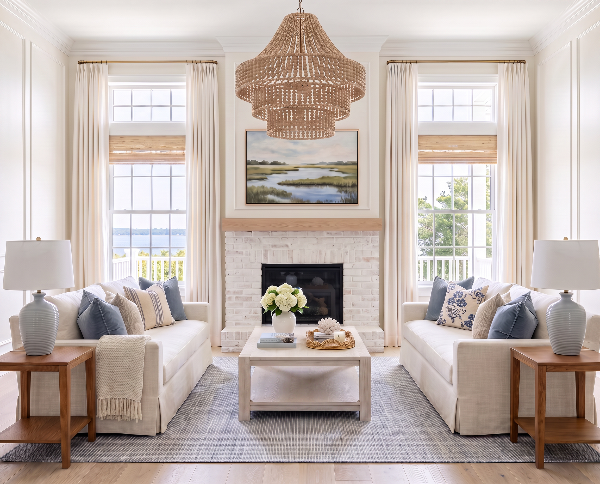 Coastal White Living Room with Soft Blue Accents and Timeless Style