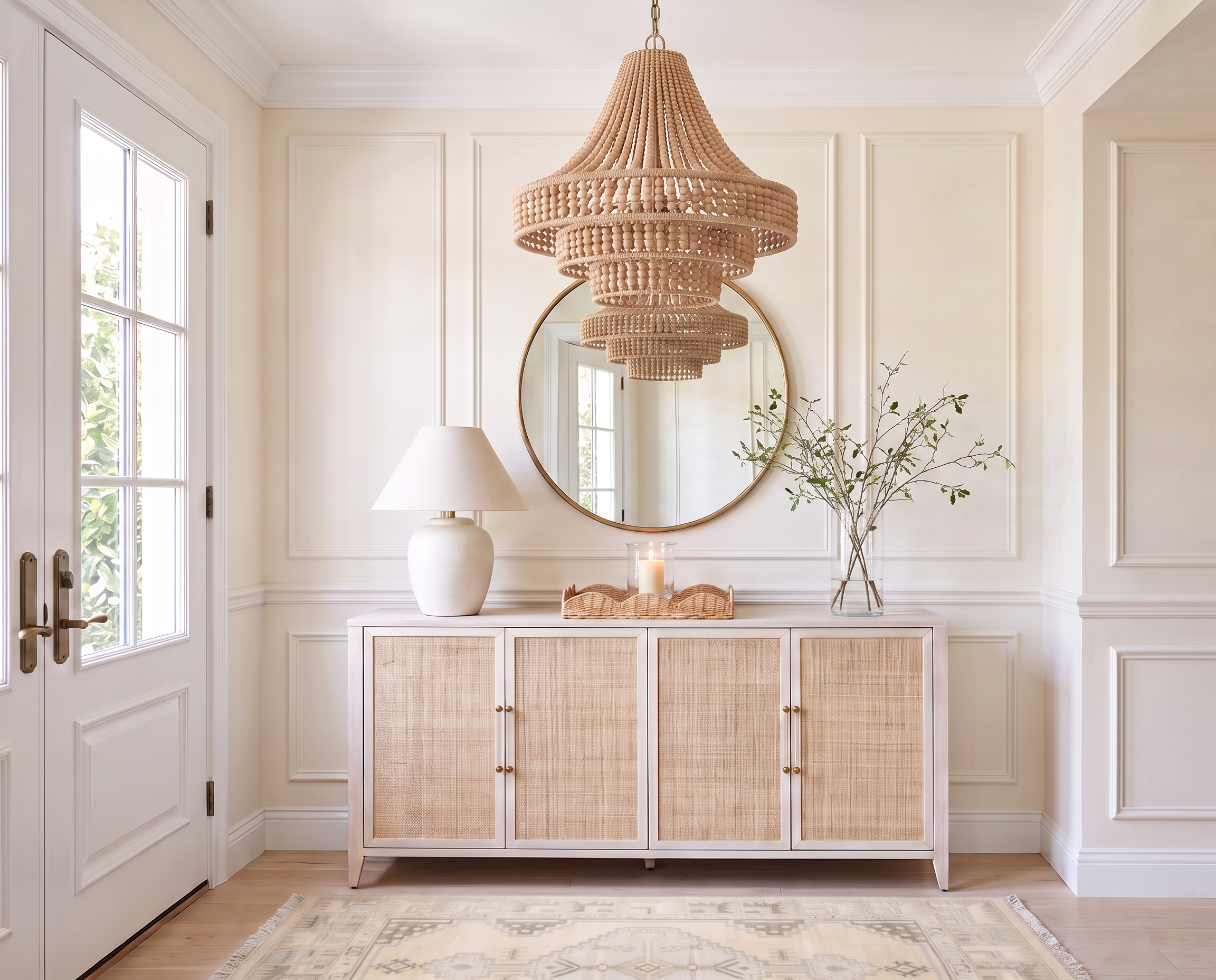 Coastal Entryway with a Beaded Chandelier