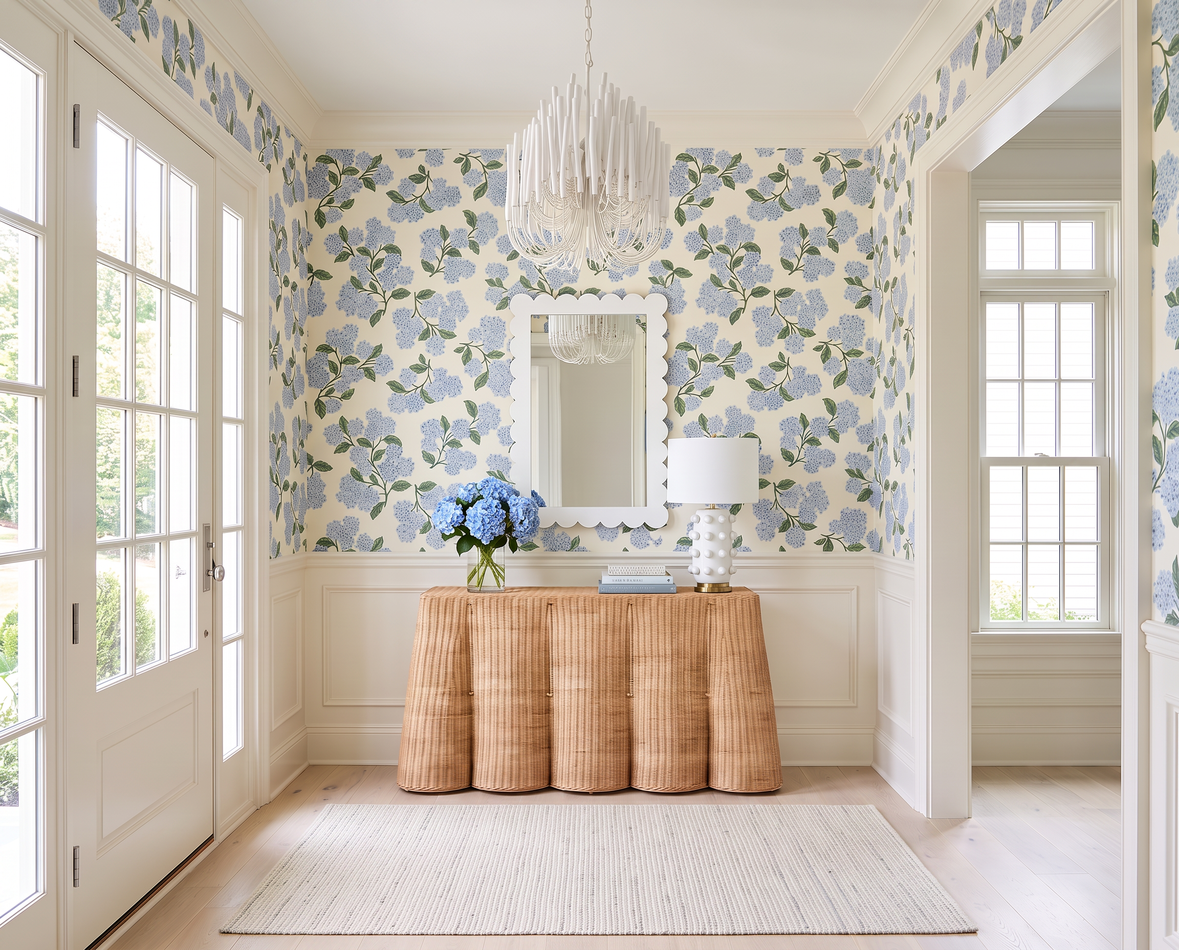 Coastal Entryway with Blue Hydrangea Wallpaper