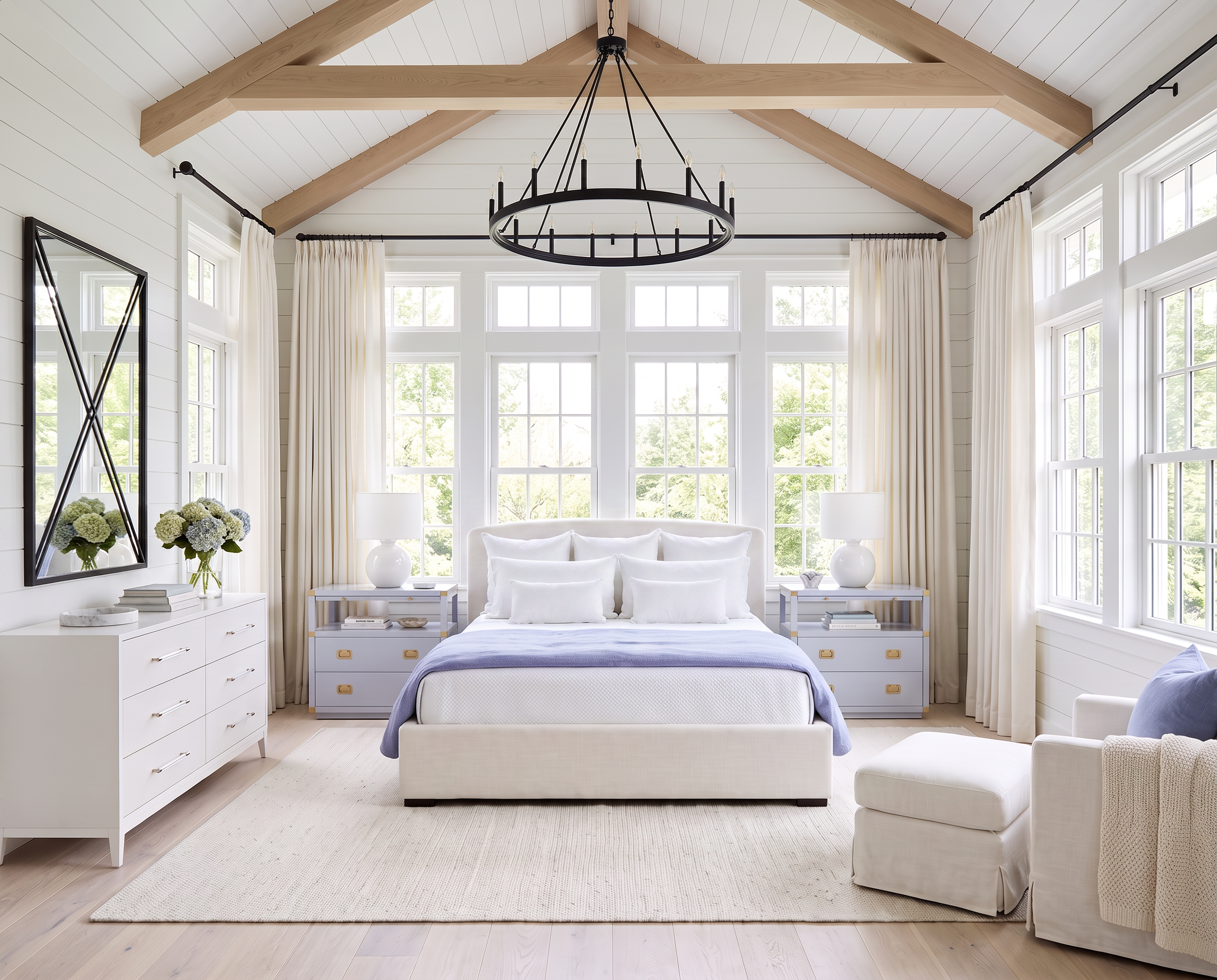 Vaulted Coastal Bedroom with White Shiplap