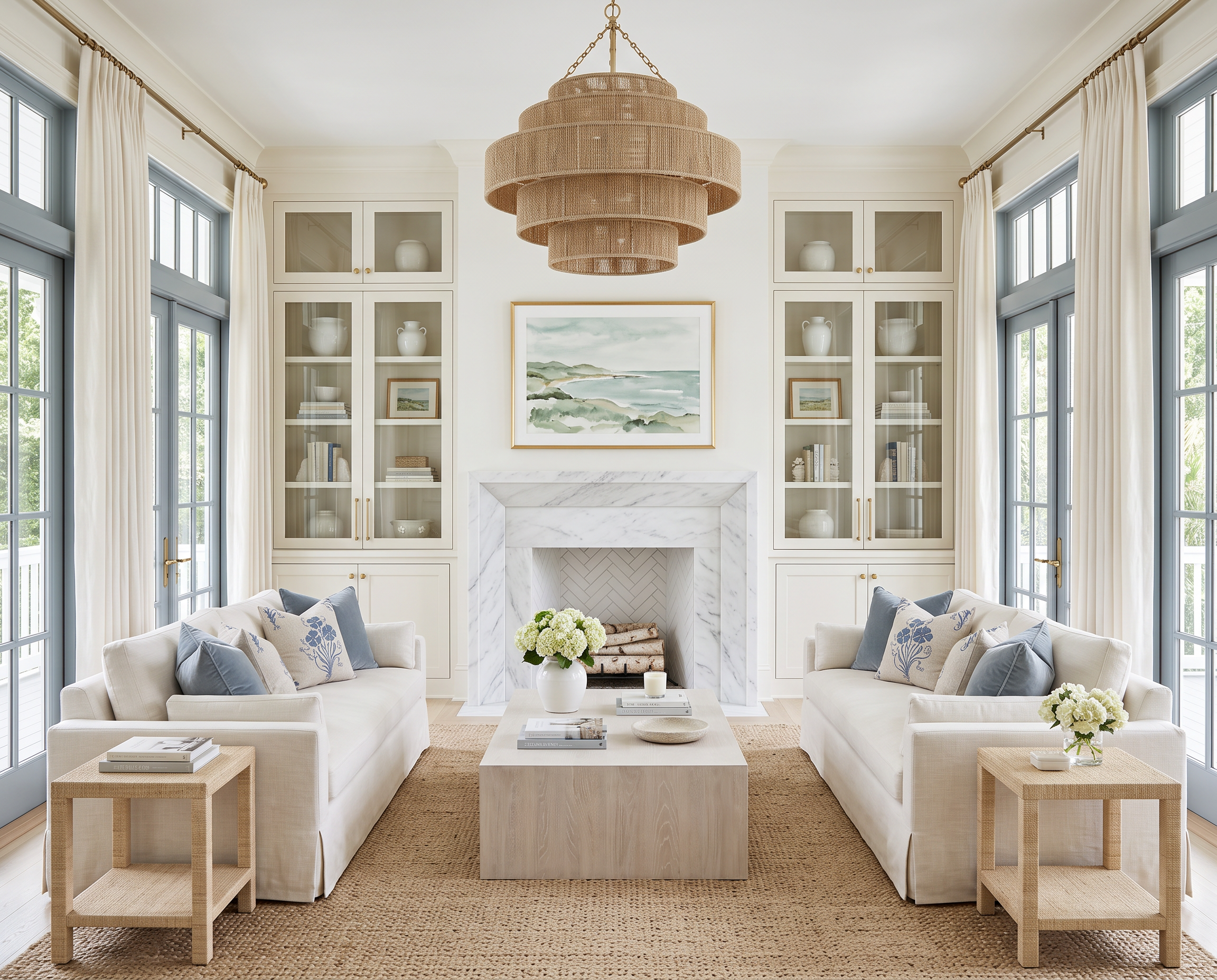Coastal Living Room with Blue French Doors