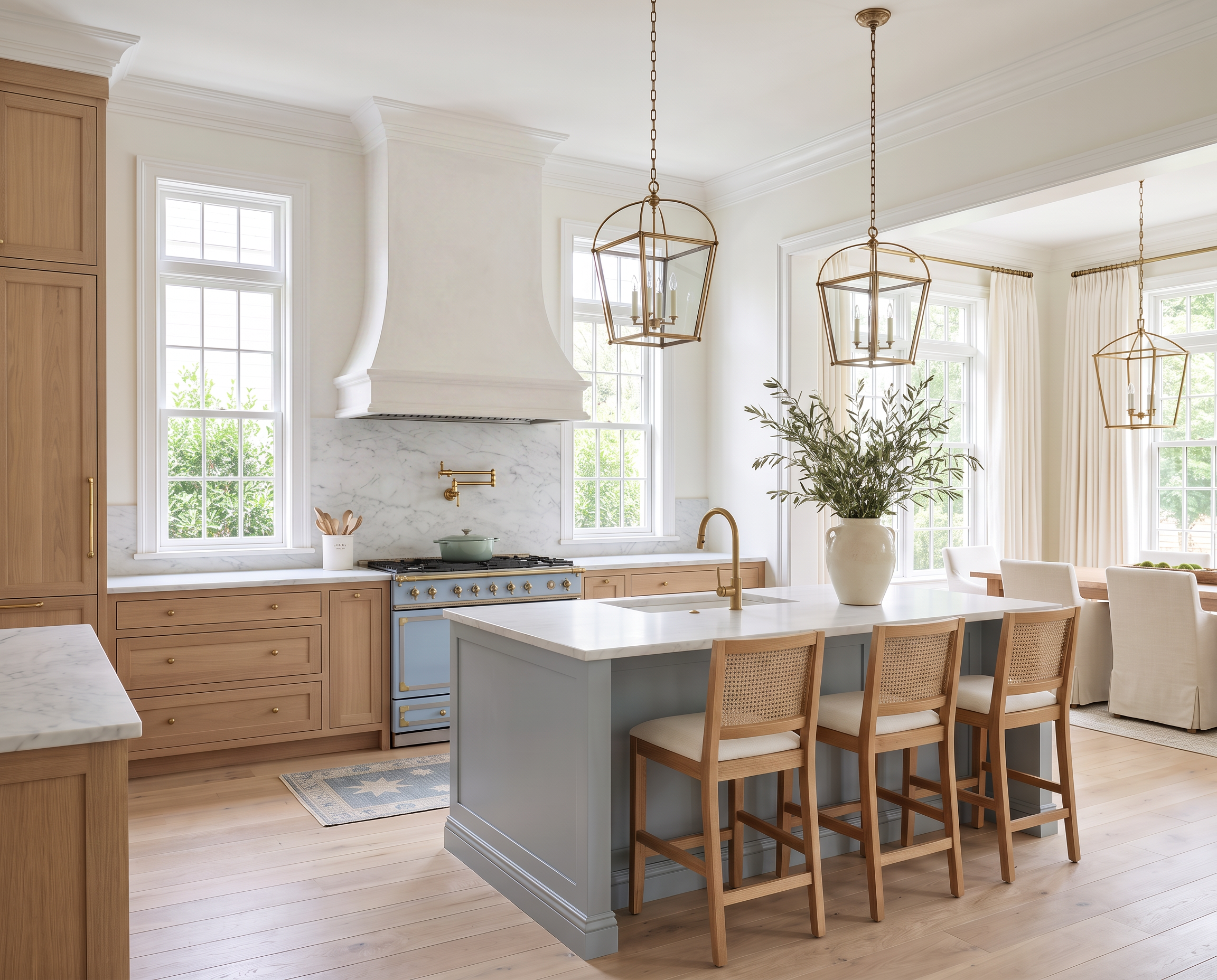 White Oak Kitchen with a Soft Blue Island