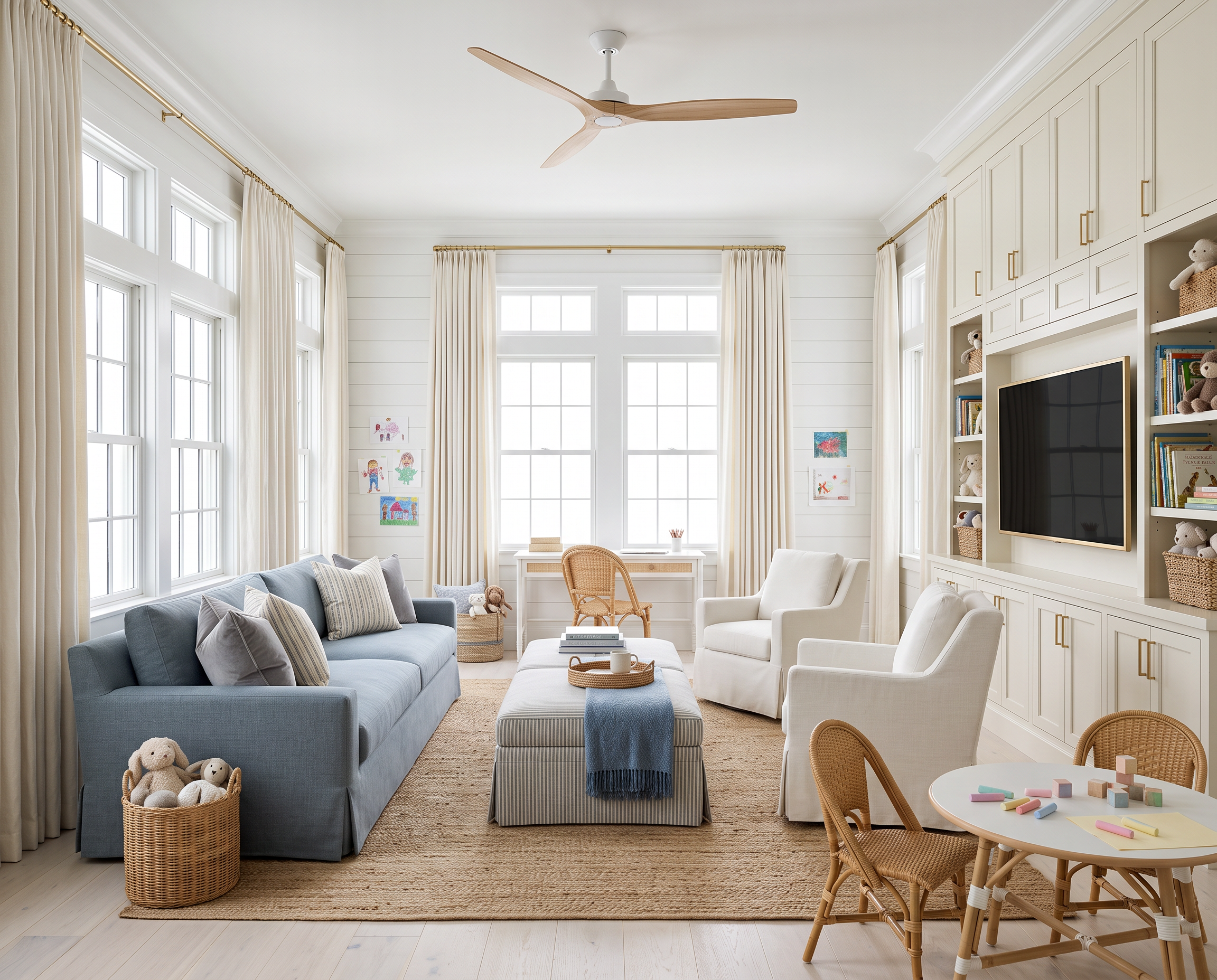 Blue and White Playroom with Built-In Storage