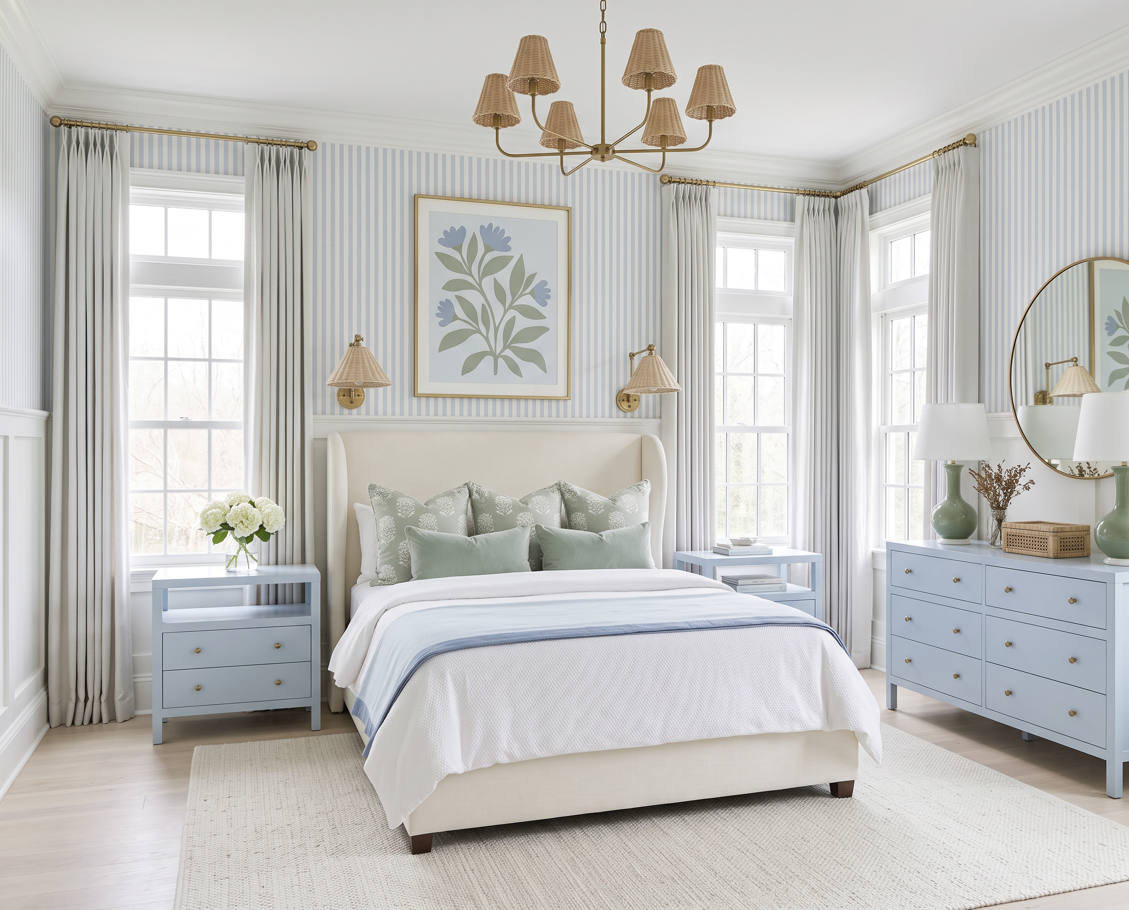 Girls Bedroom with Coastal Pinstripe Wallpaper