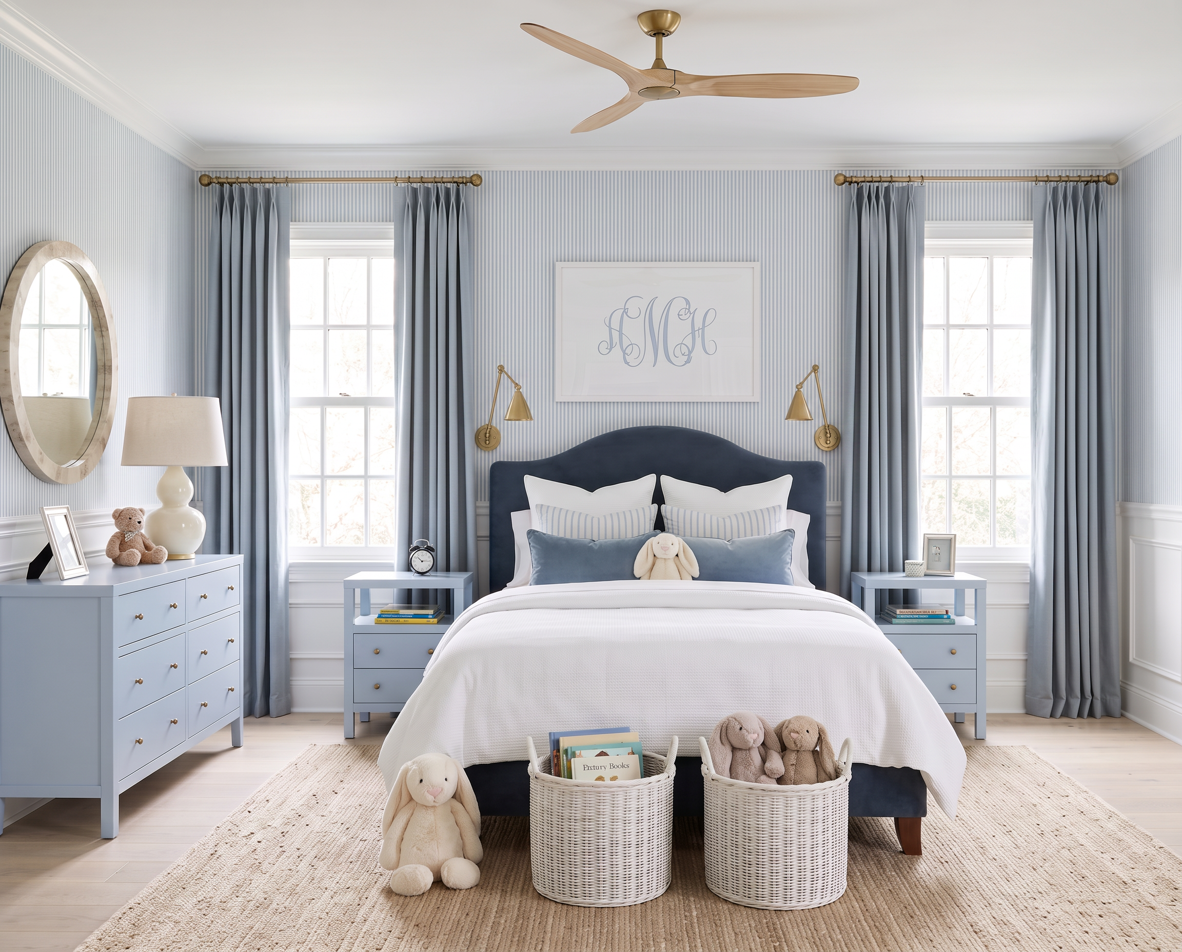 Preppy Boys Bedroom with a Navy Upholstered Bed