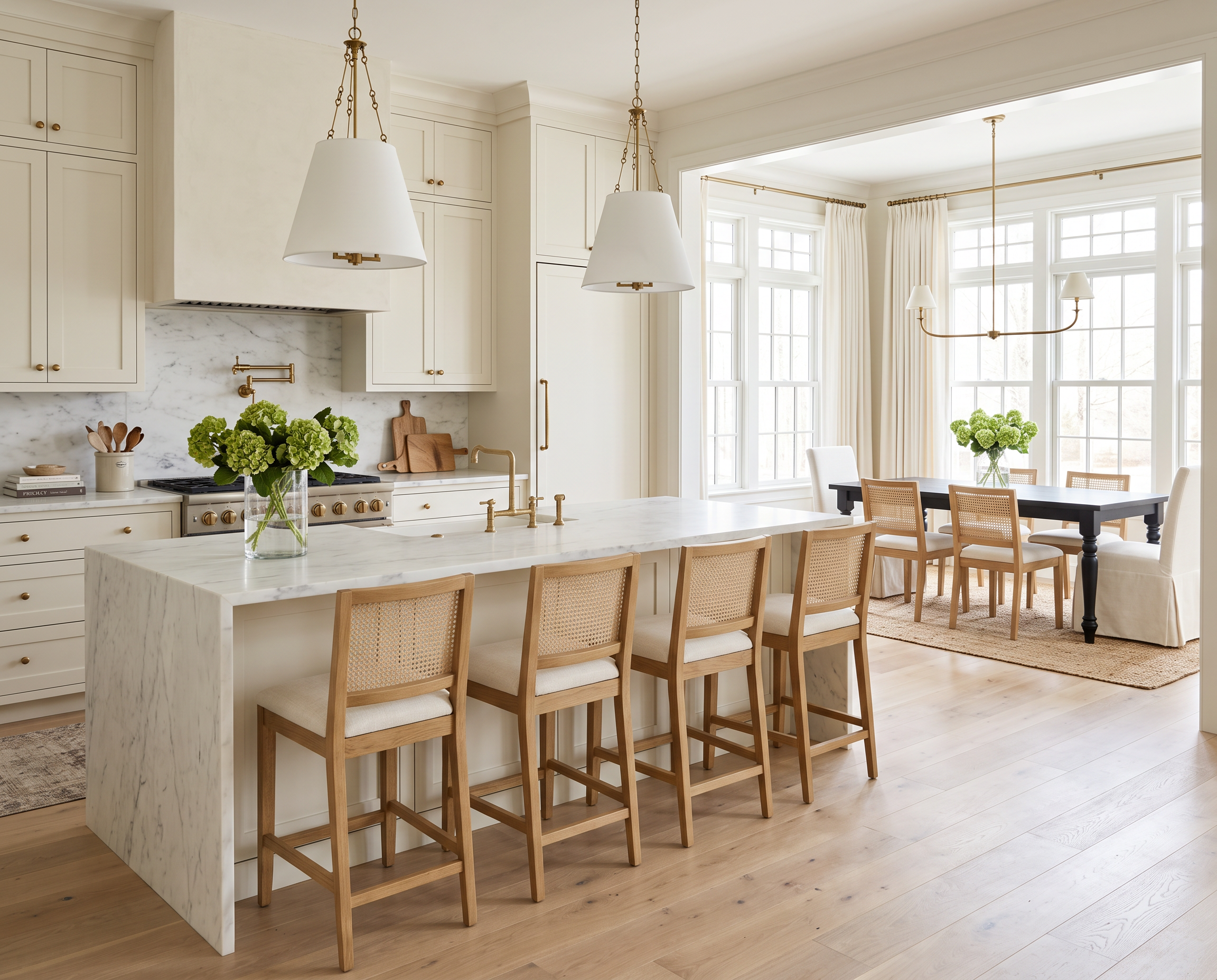 White Kitchen with Cane Counter Stools
