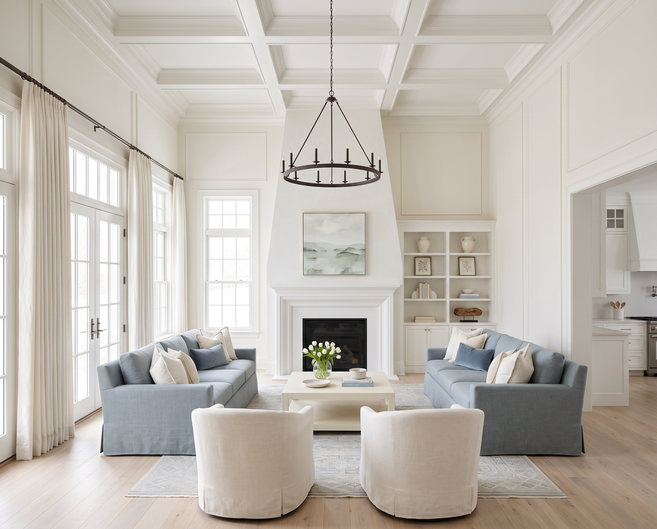 White Living Room with Soft Blue Sofas