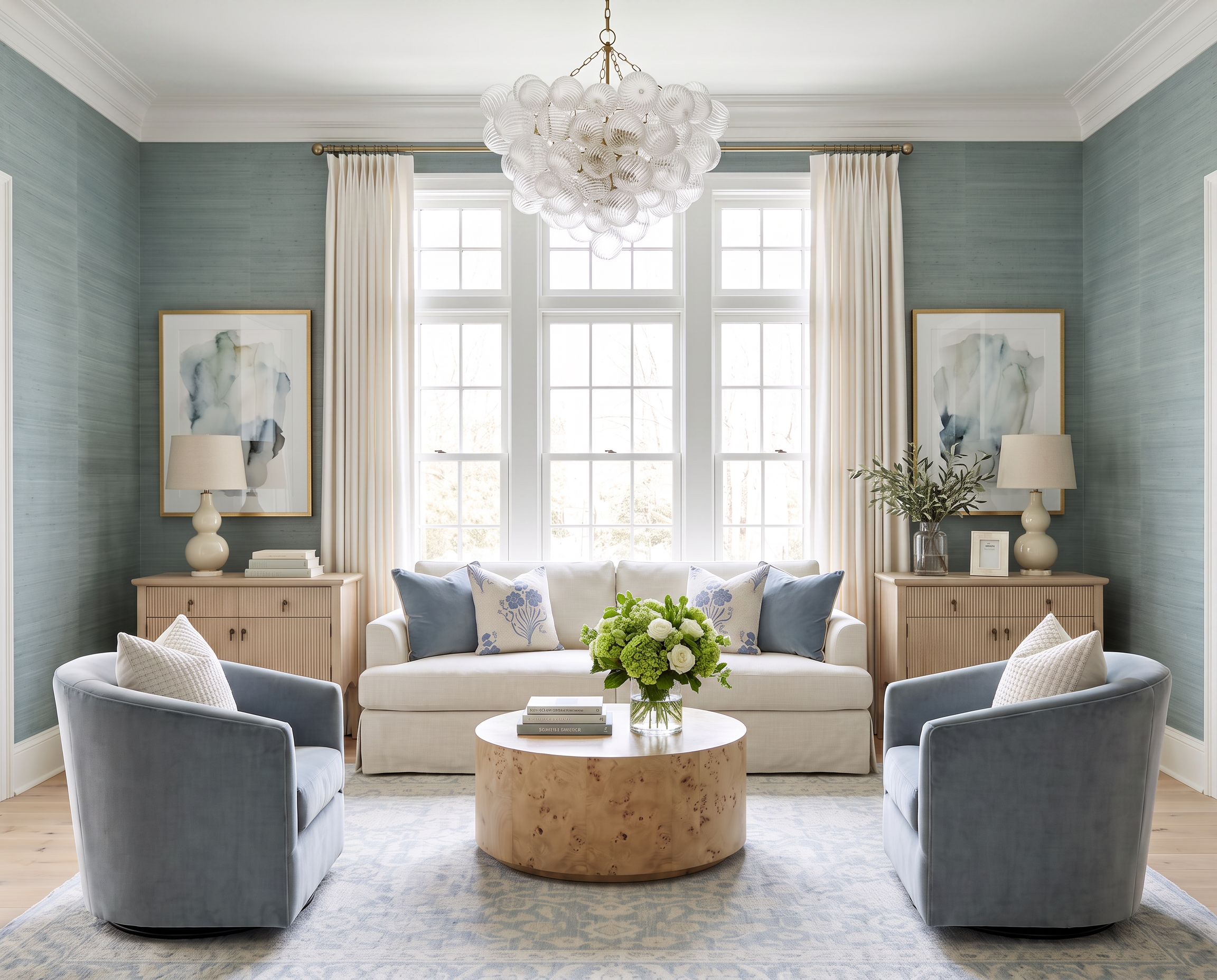 Blue Living Room with Grasscloth Walls