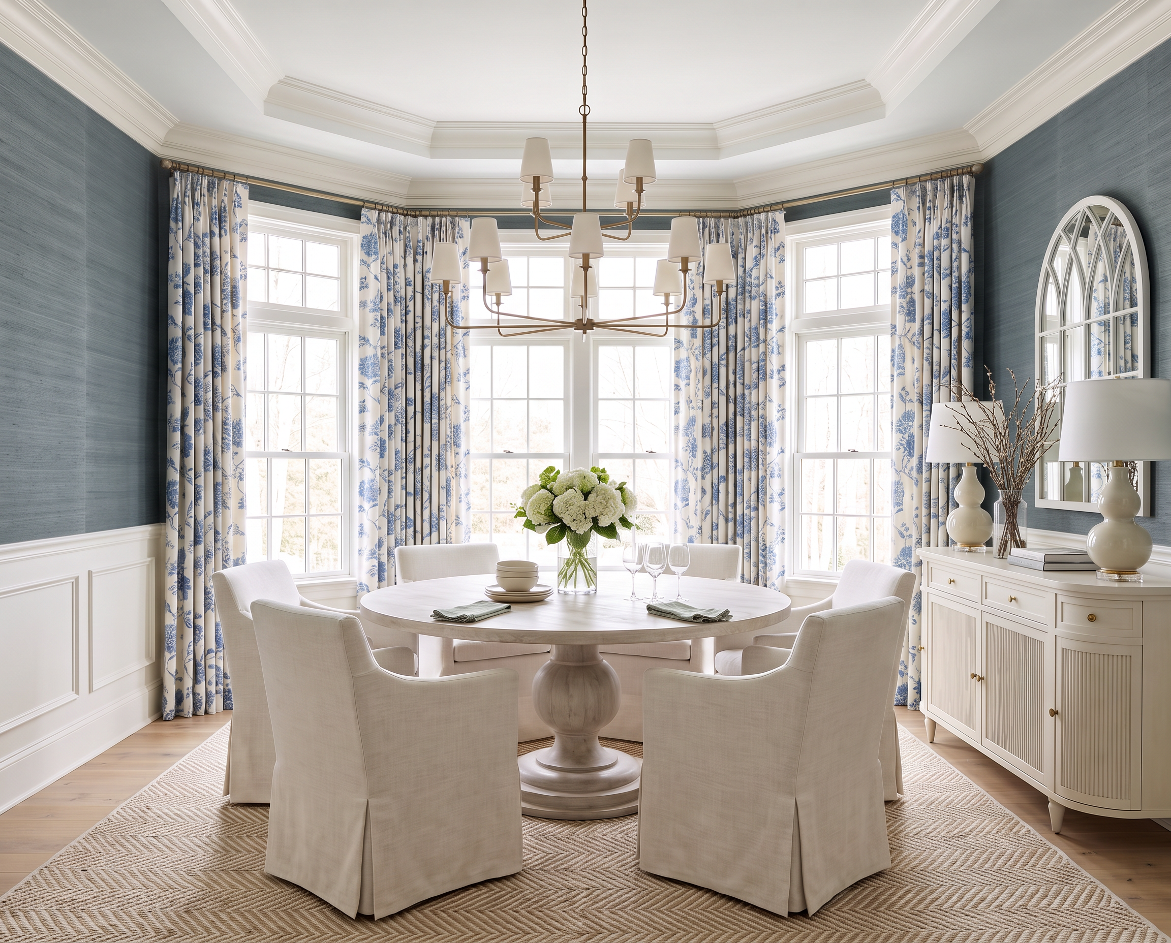 Blue and White Dining Room with Floral Drapes