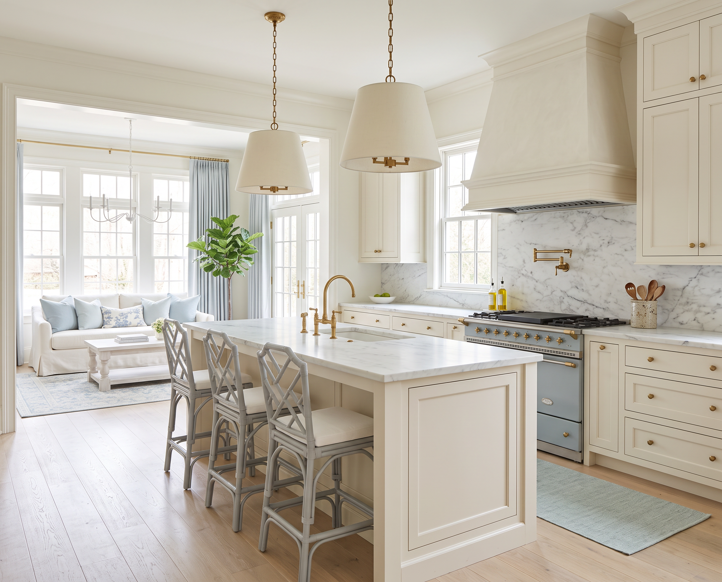 White Kitchen with Blue Counter Stools and Marble Island