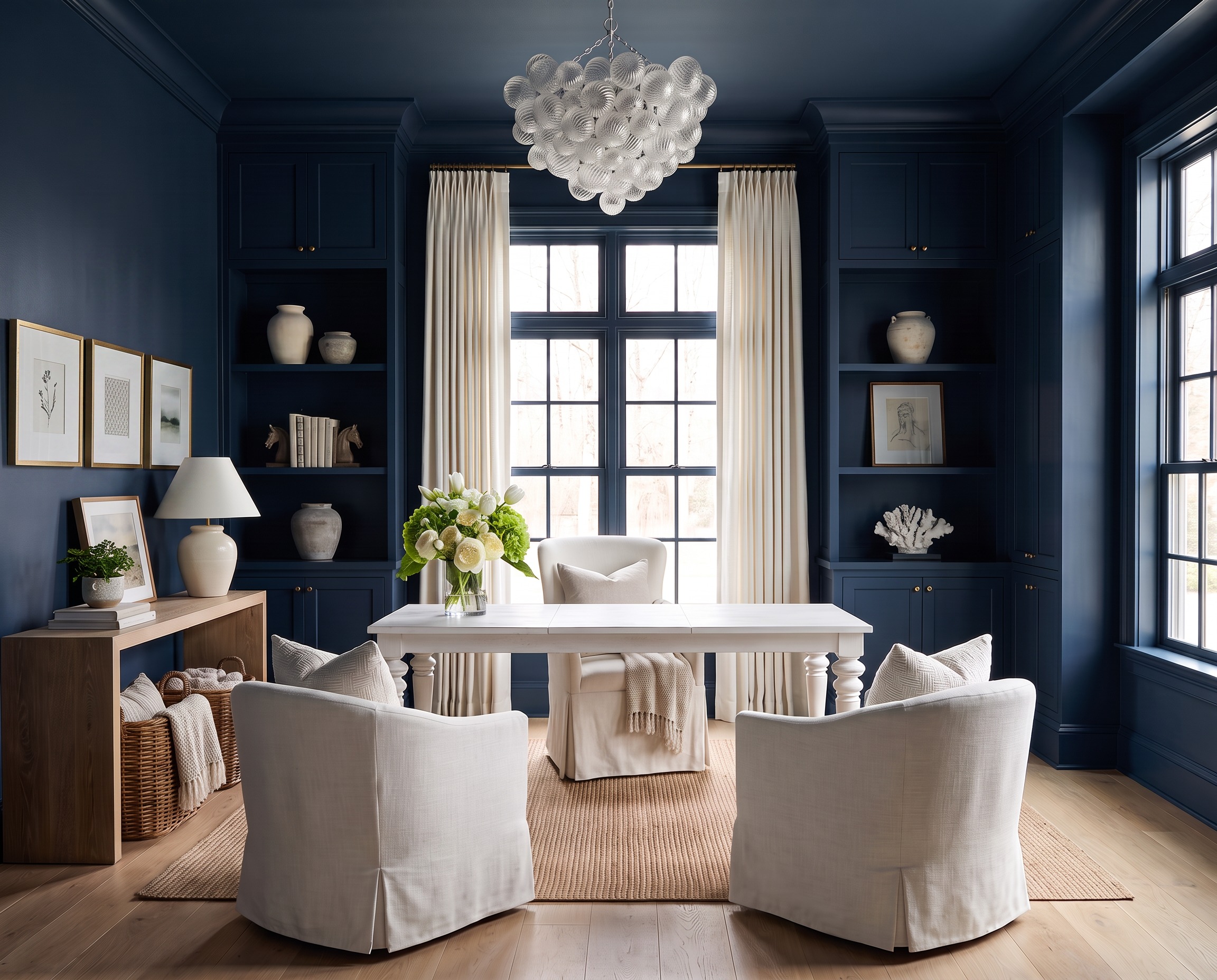 Navy Home Office with a Dining Table Desk