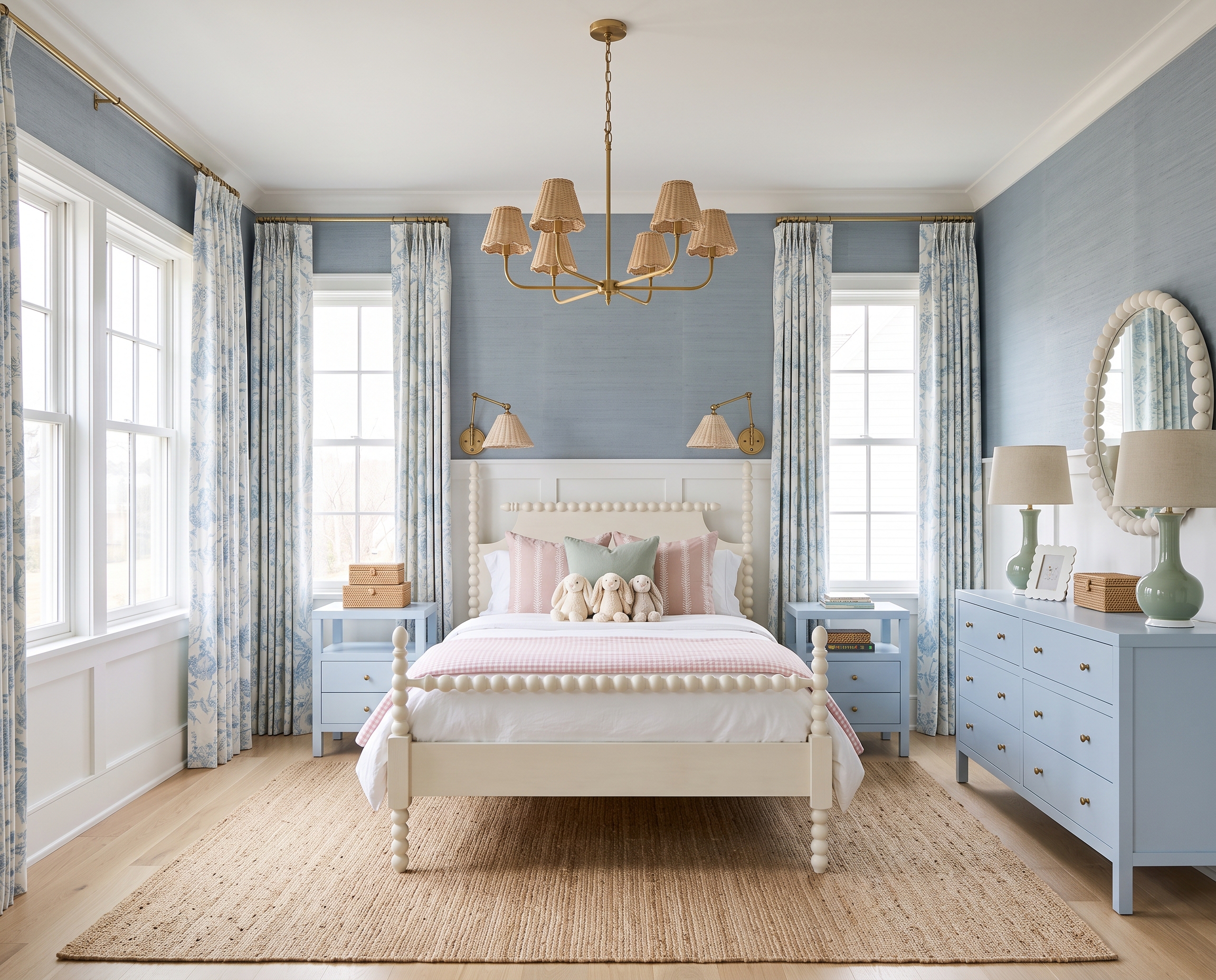 Blue Girls Bedroom with Blush Gingham Bedding