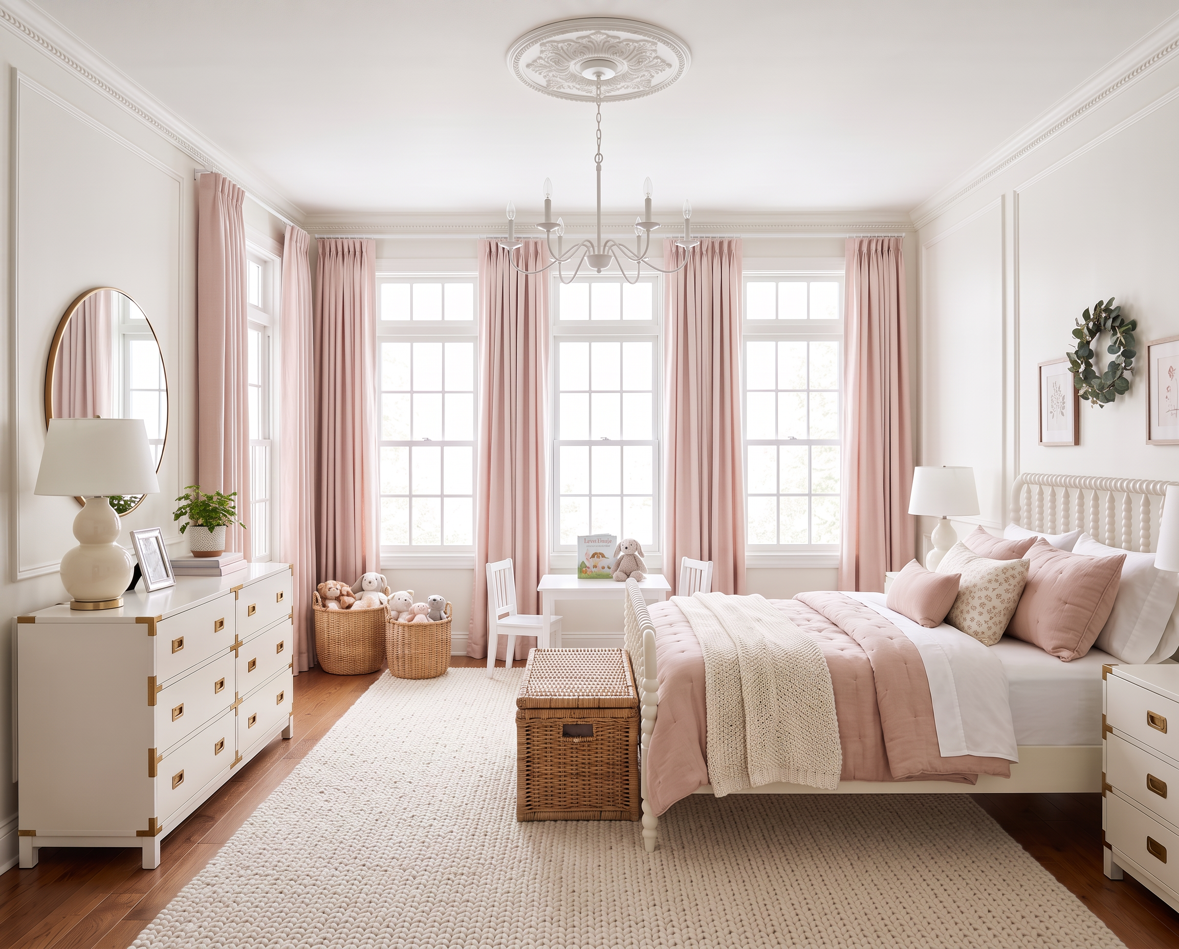 Soft Pink Girls Bedroom with a Spindle Bed