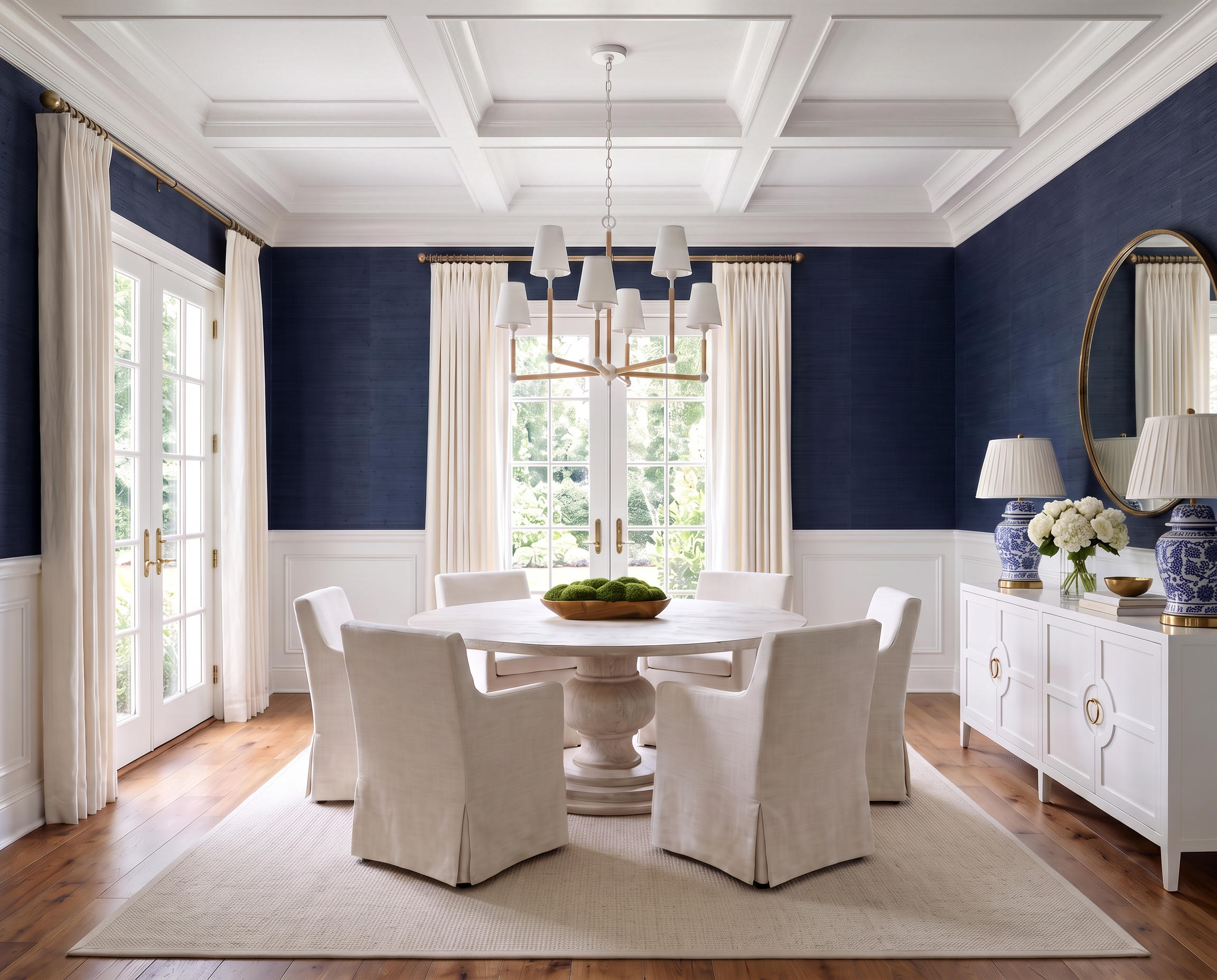 Classic Navy Dining Room with White Slipcovered Chairs