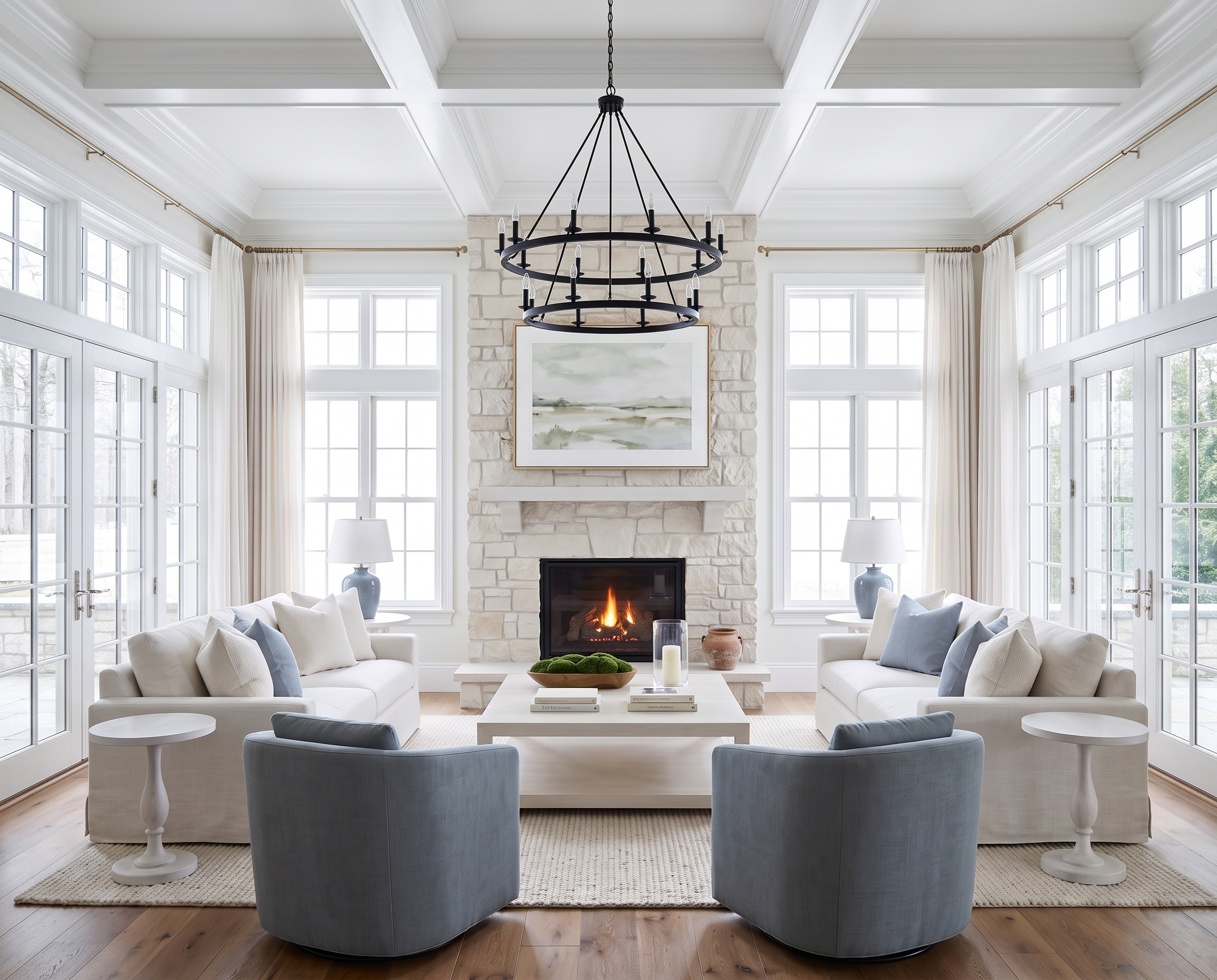 Bright Living Room with a Stone Fireplace