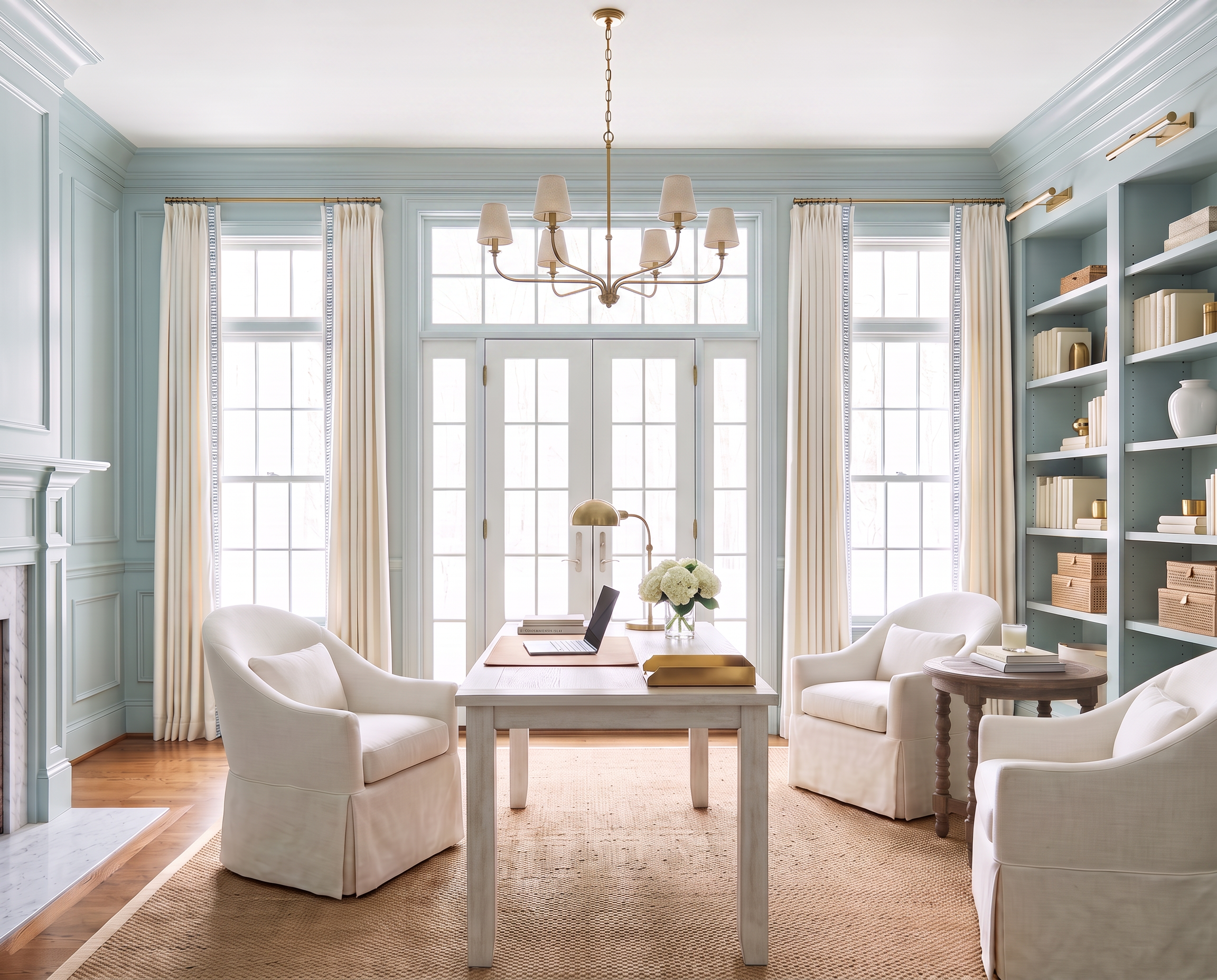 Coastal Home Office with Slipcovered Swivel Chairs