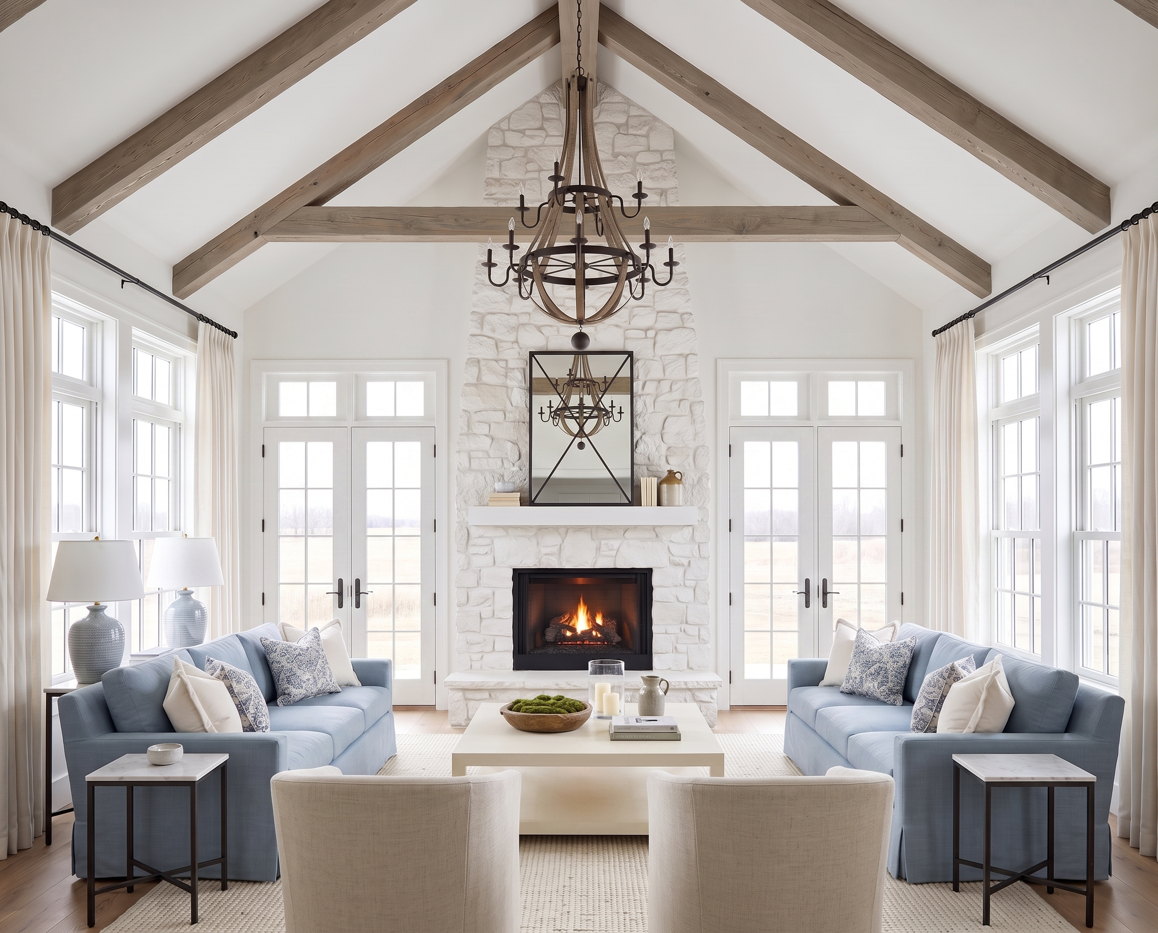 Great Room with an Oversized Wood Chandelier
