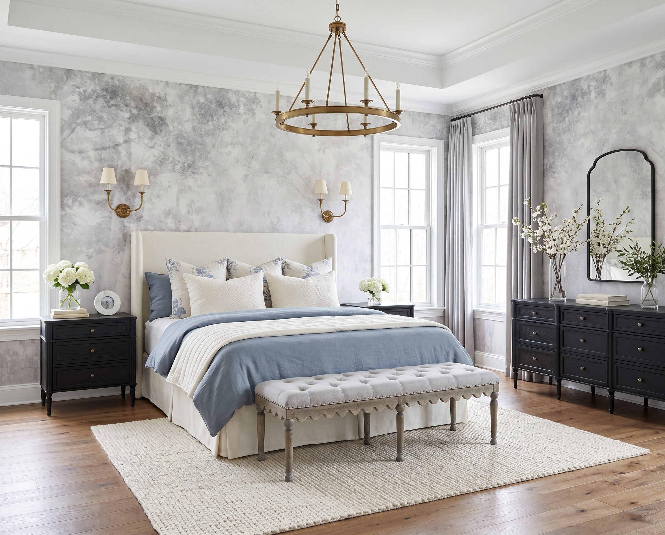Grey and White Bedroom with Mural Wallpaper