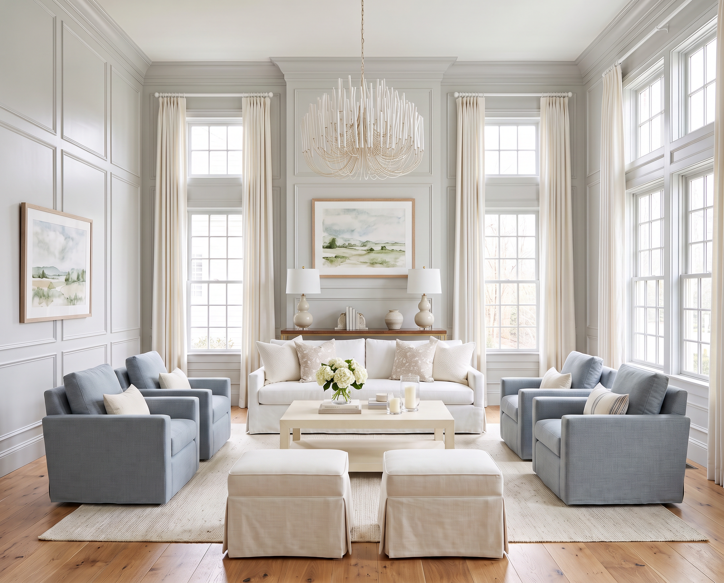 Formal Living Room with a Bubble Chandelier
