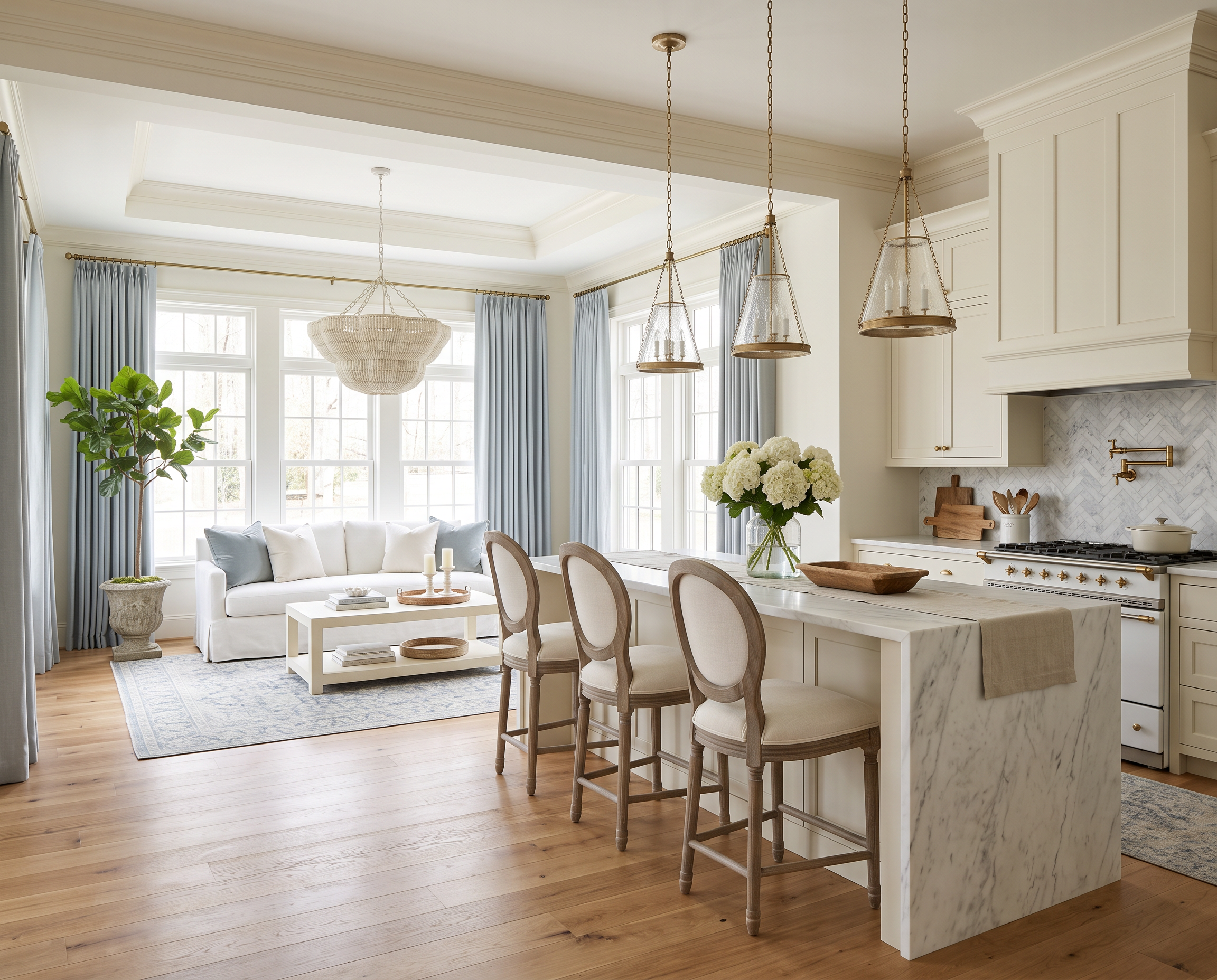 French Blue Kitchen with Brass Lanterns