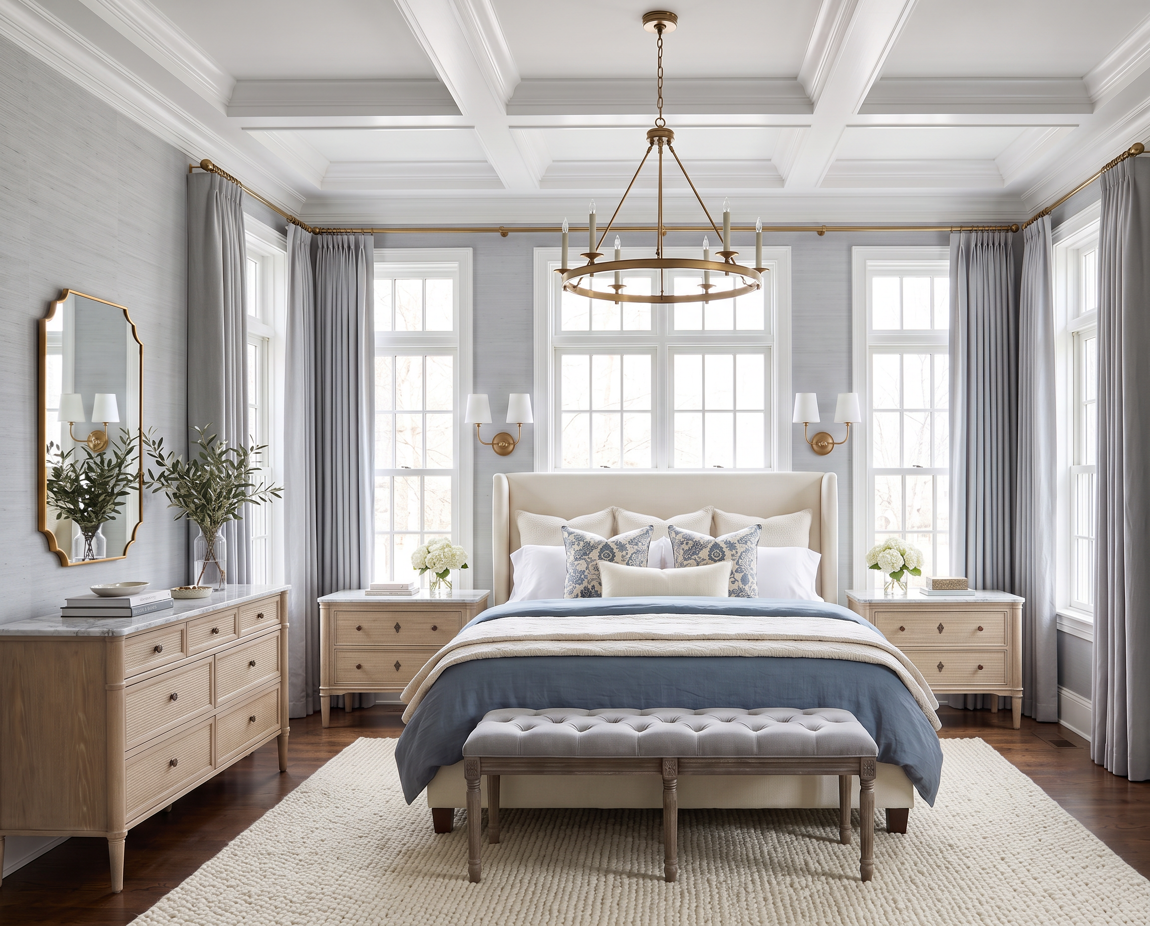 Blue-Gray Bedroom with Floor-to-Ceiling Drapery