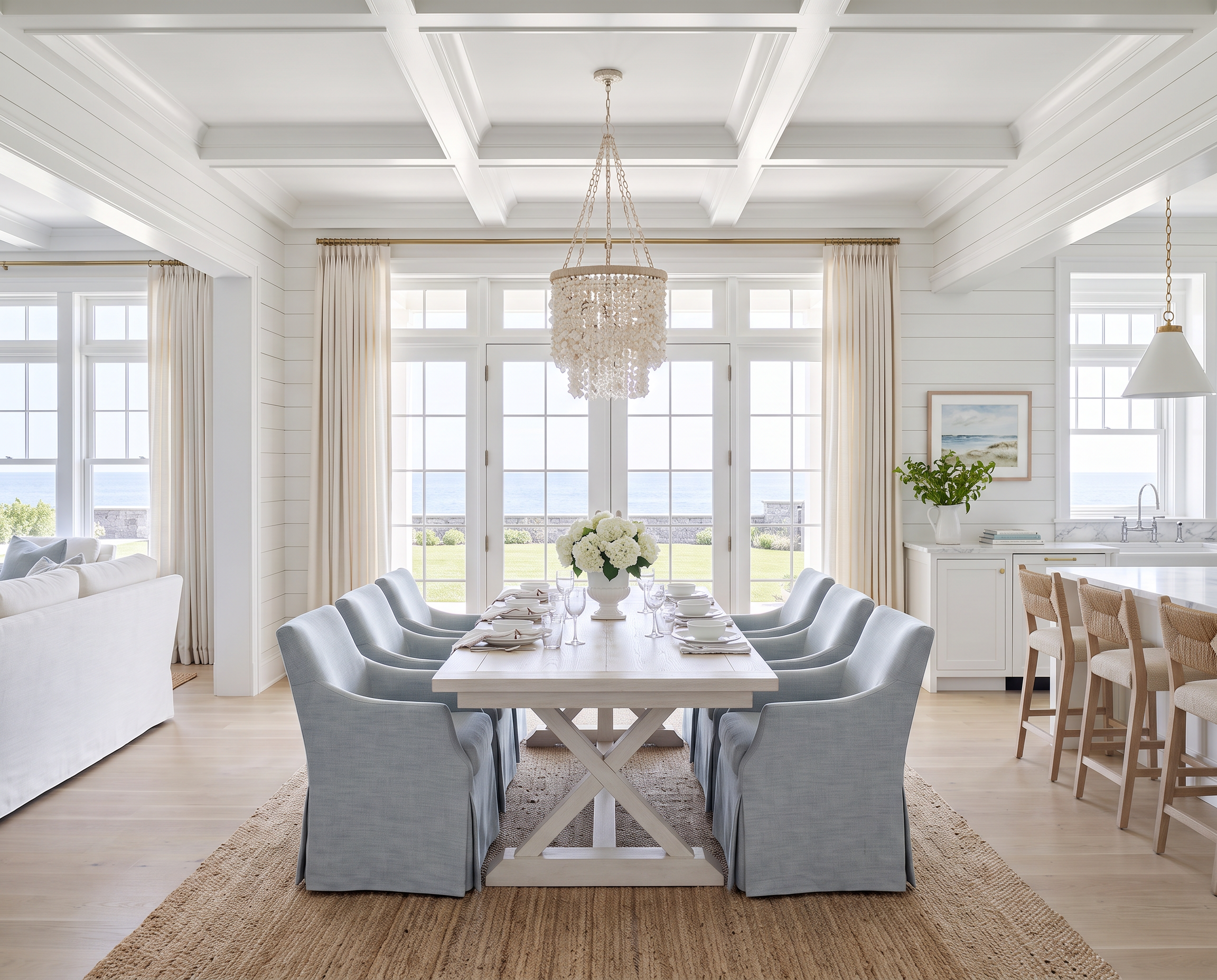 Coastal Dining Room with a Shell Chandelier