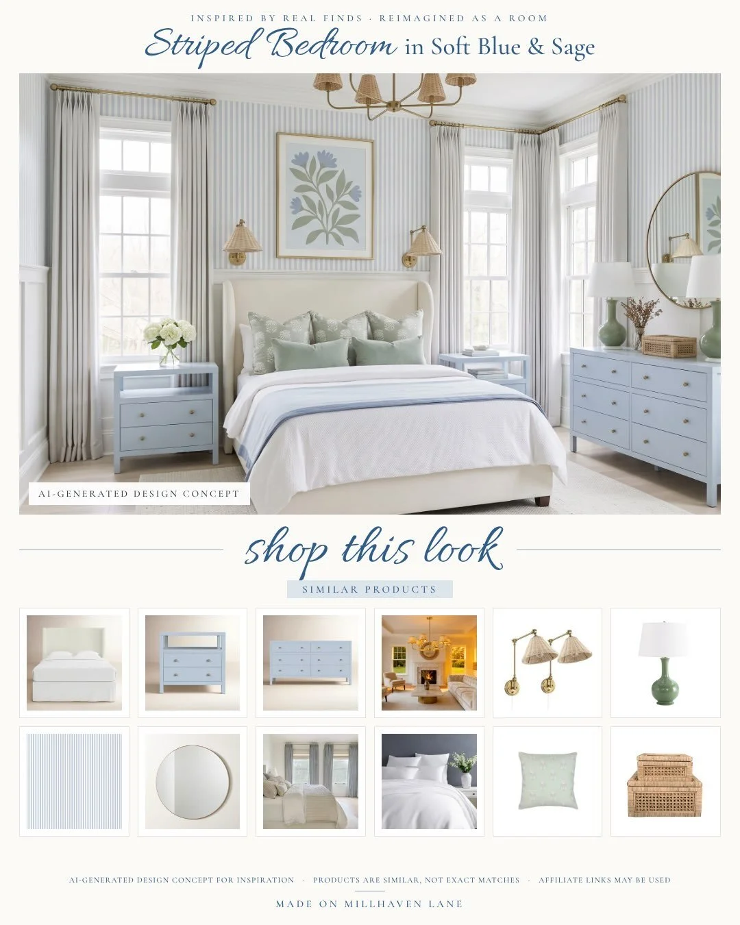 Soft blue stripes, sage green accents, and just the right amount of pattern 💙 This bedroom is proof that mixing colors and patterns can still feel calm, classic, and completely pulled together!

Comment STRIPES for all the links  https://liketk.it/6