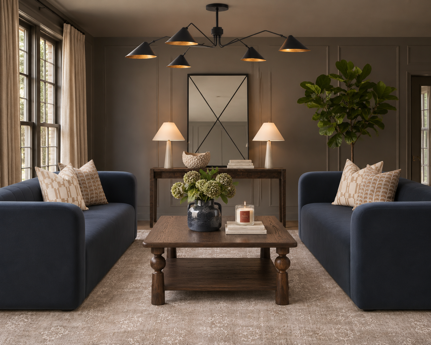 Moody Navy Living Room with Warm Wood Accents | Shop the Look